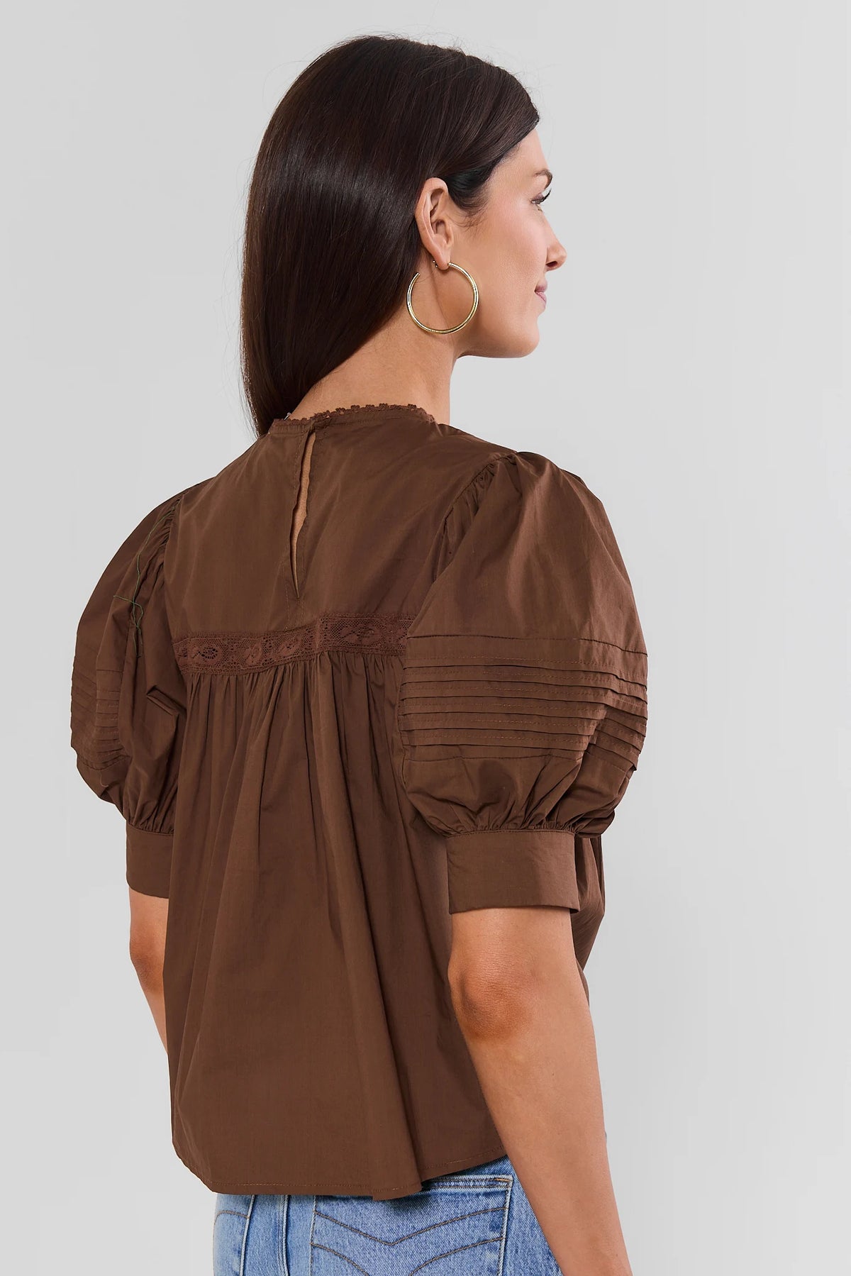 Brown Puff Sleeve Pleated Top - Back View Showing Keyhole & Lace Detail | Avara