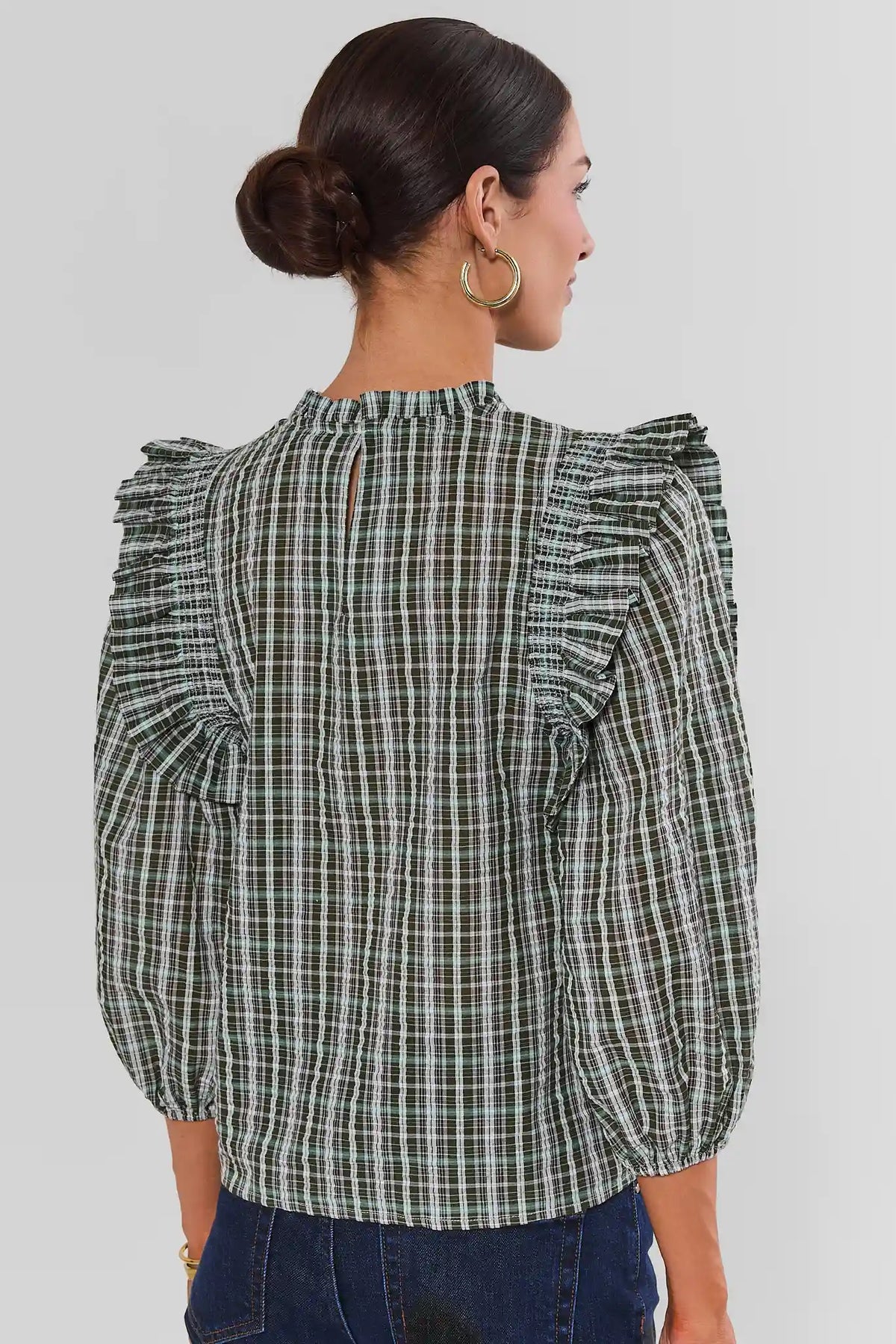 Green Plaid Ruffle Top - Back View Showing Keyhole and Ruffle Detail | Avara