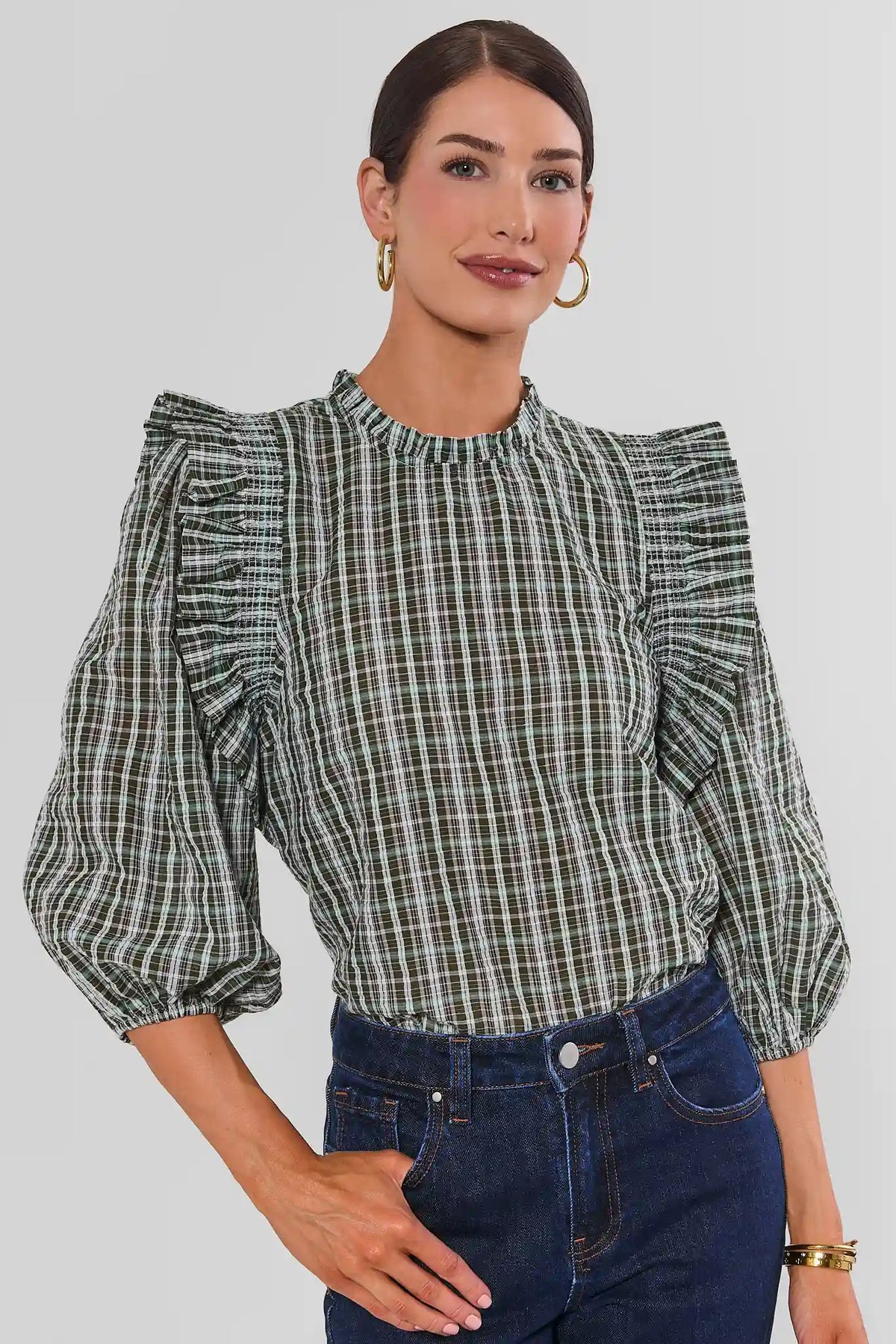 Green Plaid Ruffle Top - Front View, On Model with Denim | Avara