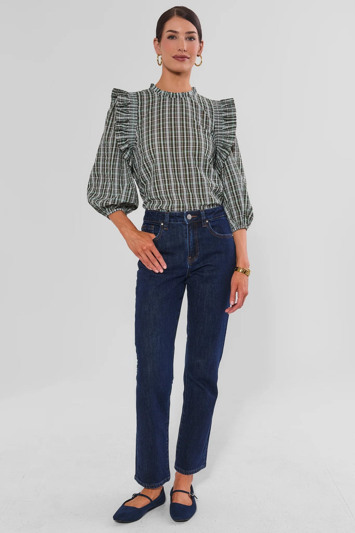 Green Plaid Ruffle Top - Full Length Front, Styled with Dark Jeans | Avara