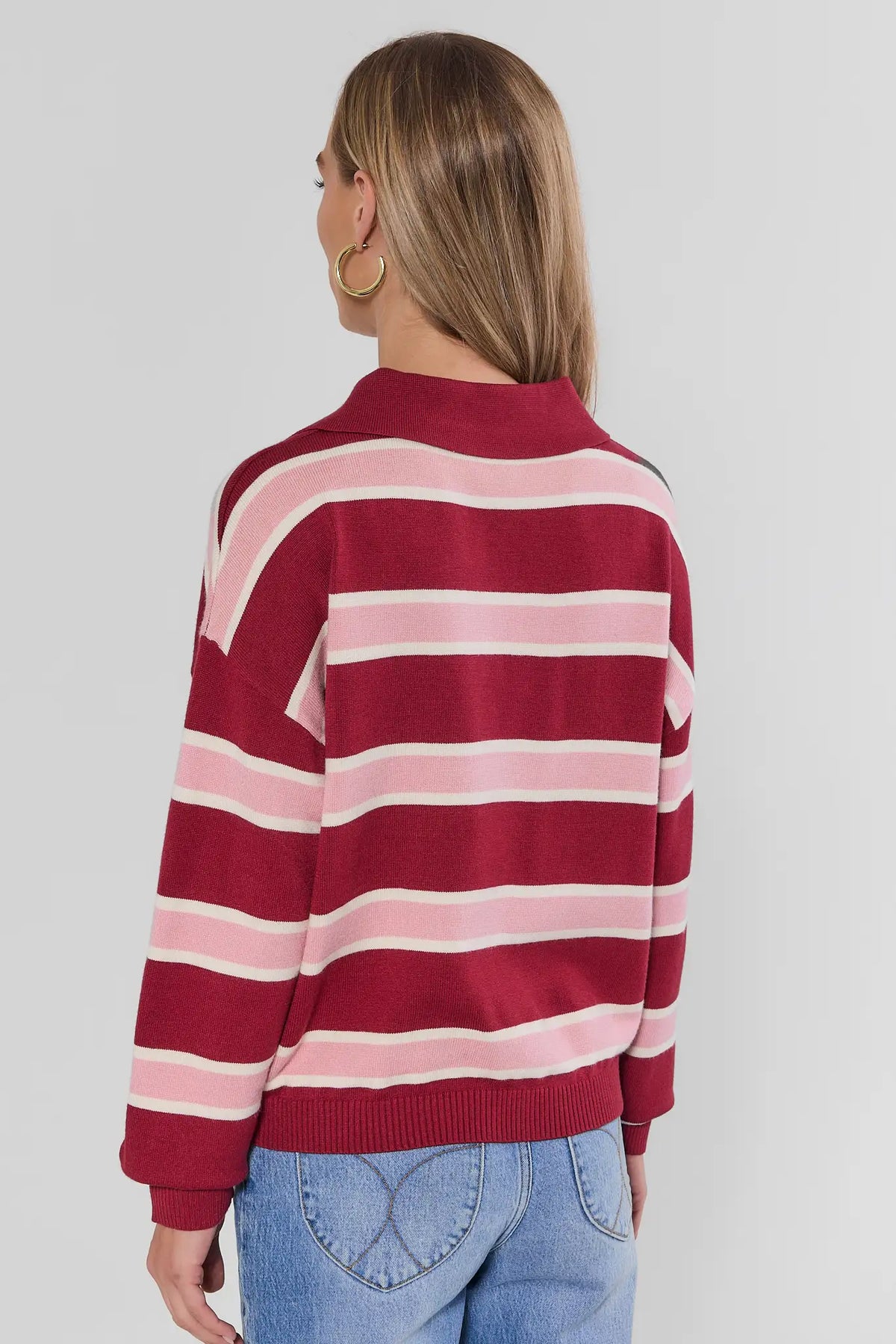 Maroon Striped Collared Knit Top styled with light wash denim - Back View On Model | Avara