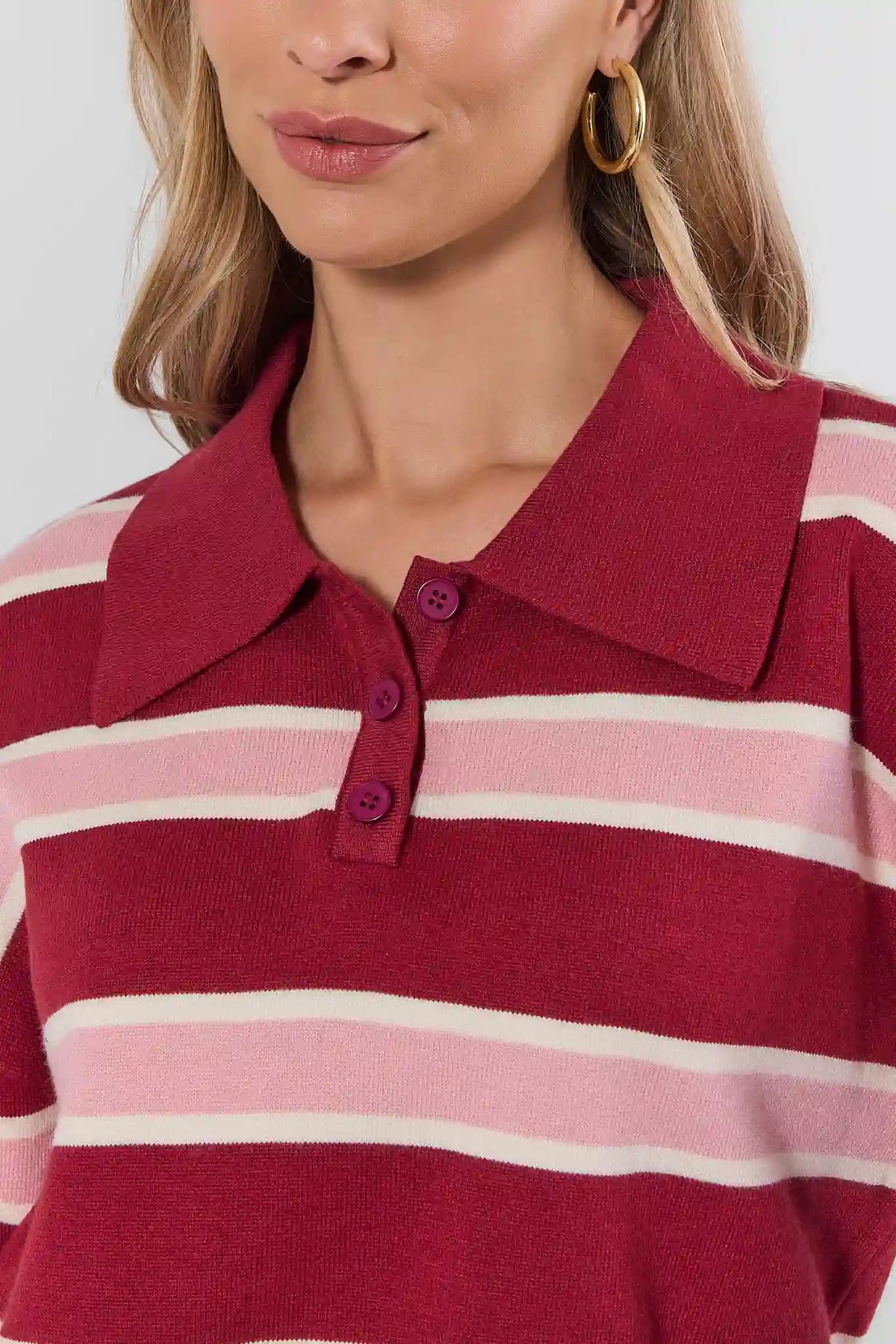 Maroon Striped Knit Top - Collared Neckline and Button Placket Close-Up Detail | Avara
