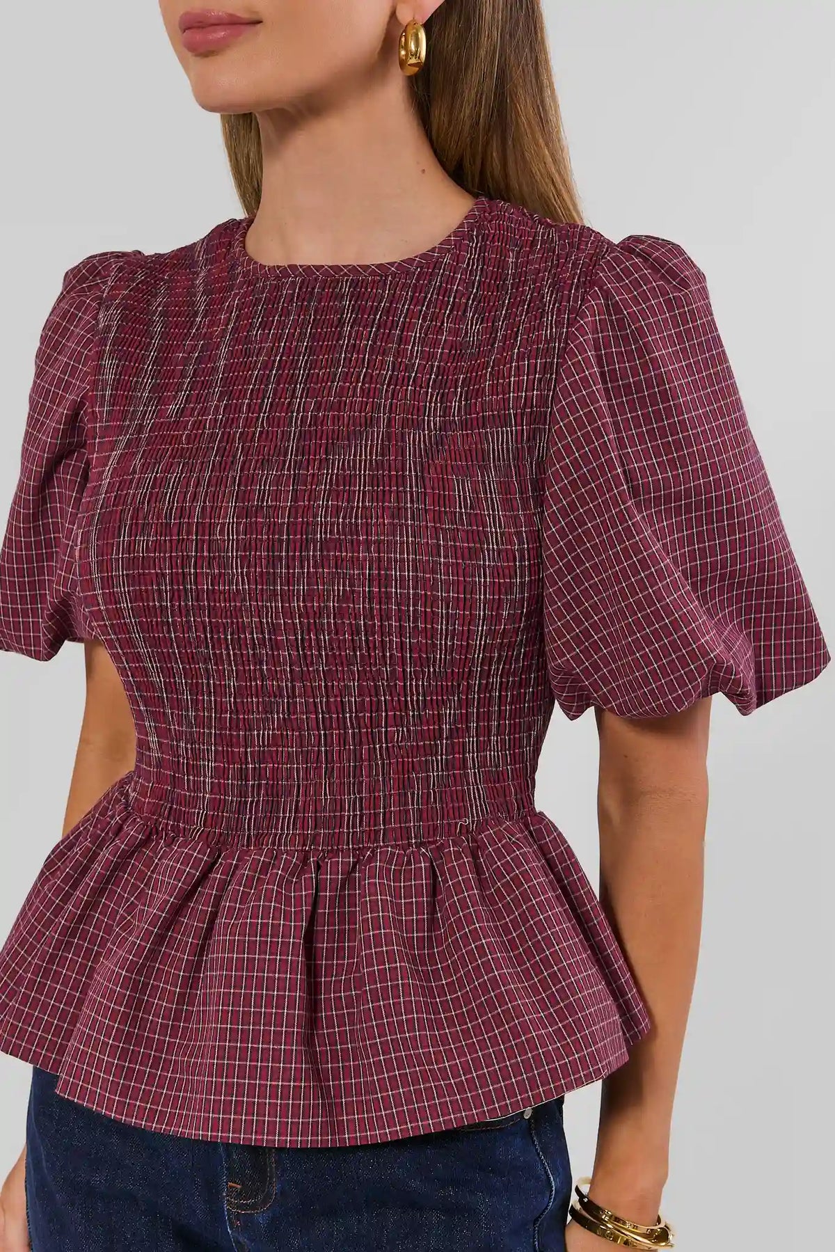 Burgundy Plaid Peplum Top - Close-Up Smocking & Puff Sleeve Detail | Avara