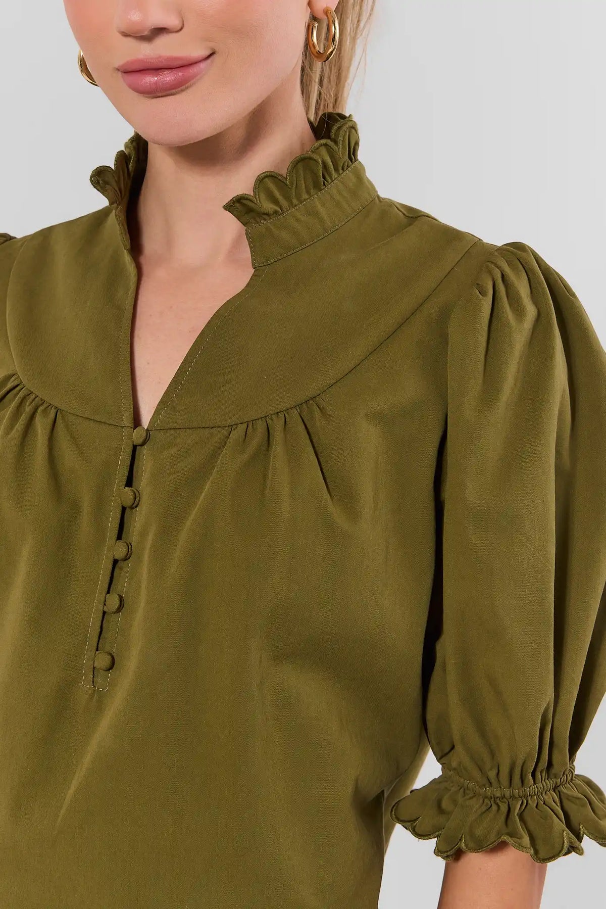 Olive Cotton Top - Ruffle Collar & Scallop Cuff Close-Up Detail | Avara