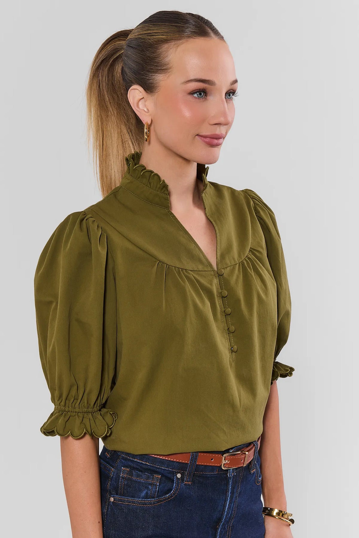 Olive Green Cotton Puff Sleeve Top - Side Angle View with Denim | Avara