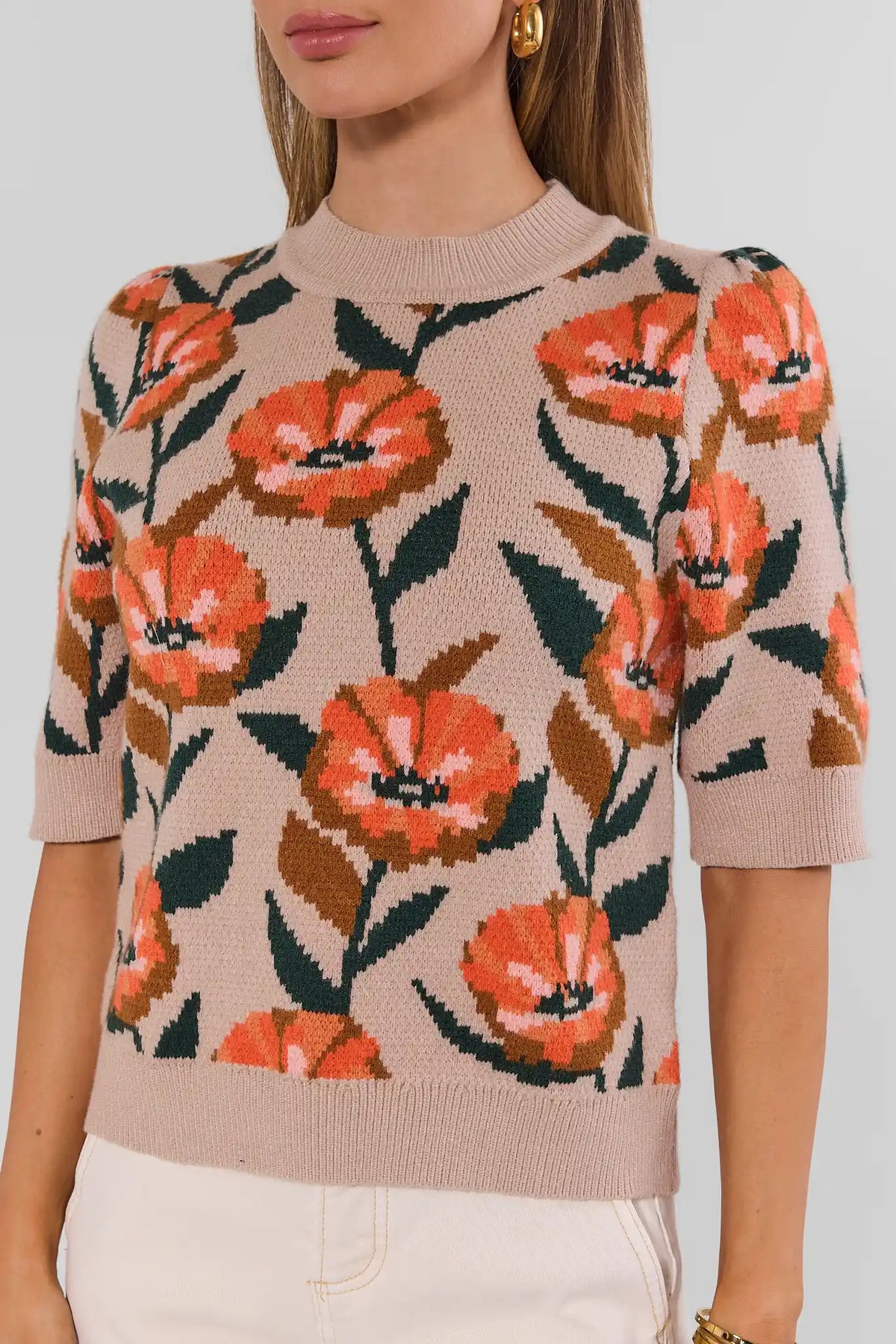 Beige Floral Printed Knit Top - Close-Up, Mock Neck & Orange Floral Knit Print Detail | Avara