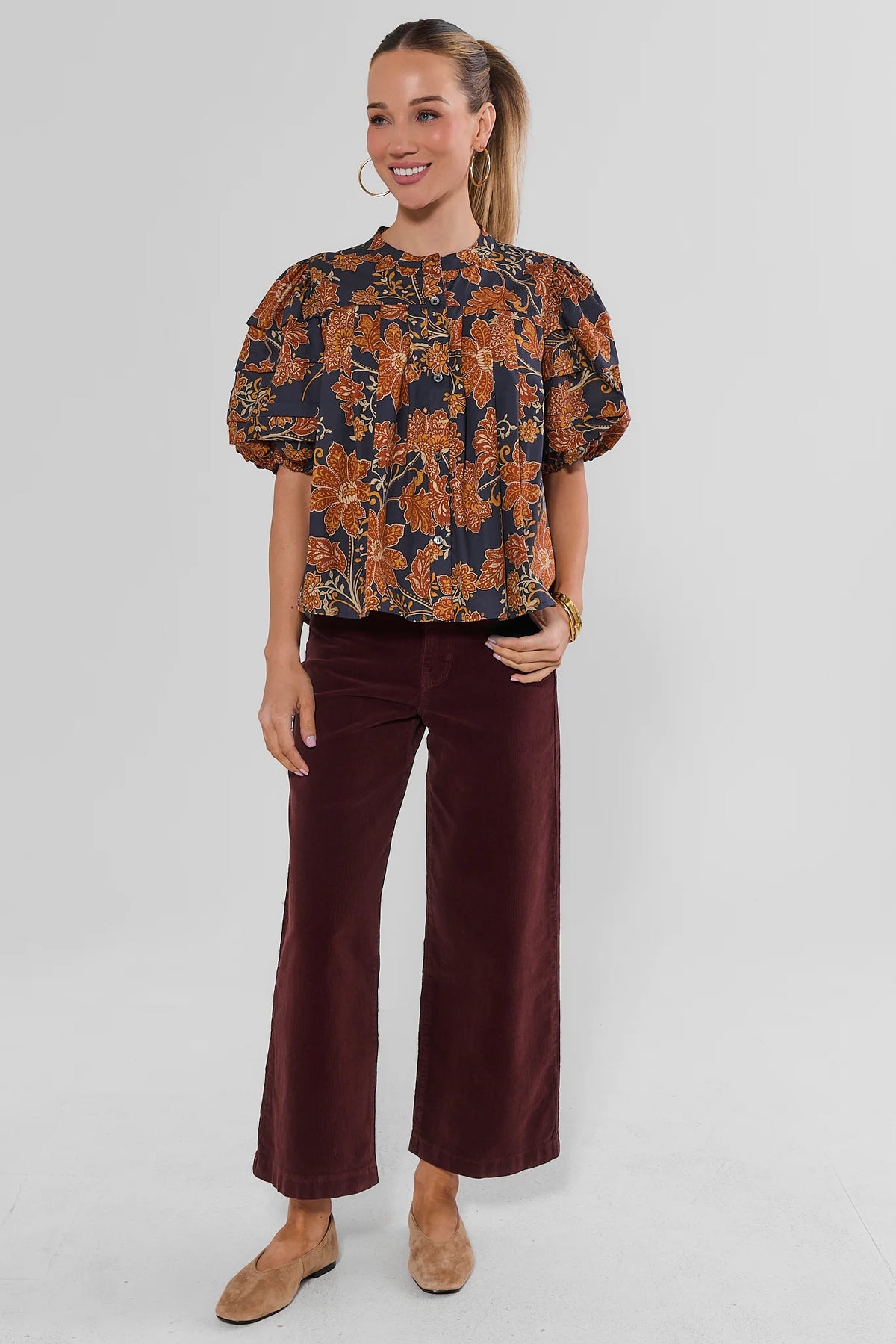 Navy Floral Printed Top Styled with Burgundy Corduroy Wide-Leg Pants - Full Body Look | Avara