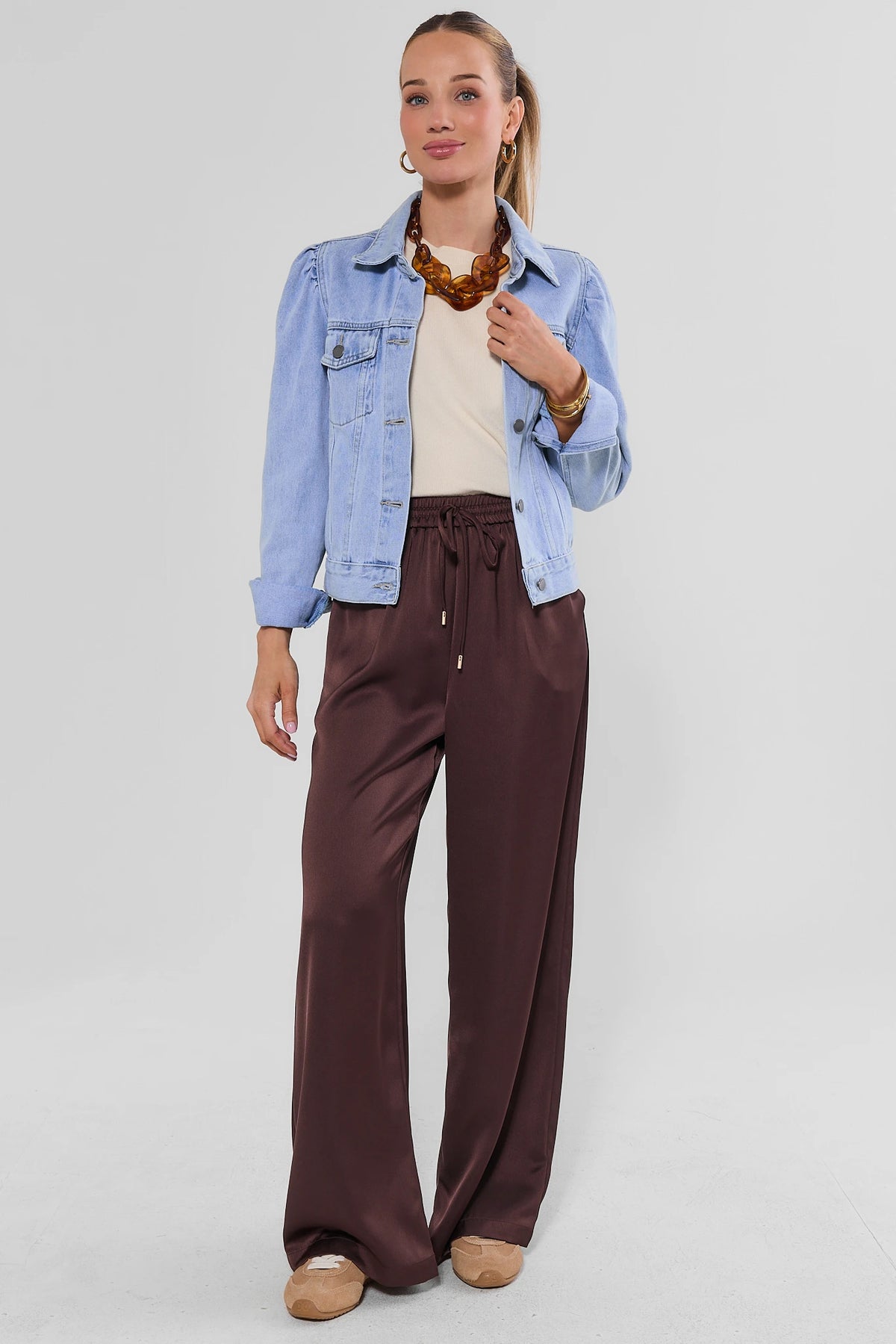 Brown Wide Leg Drawstring Pants Styled with Denim Jacket - Full Length Look | Avara
