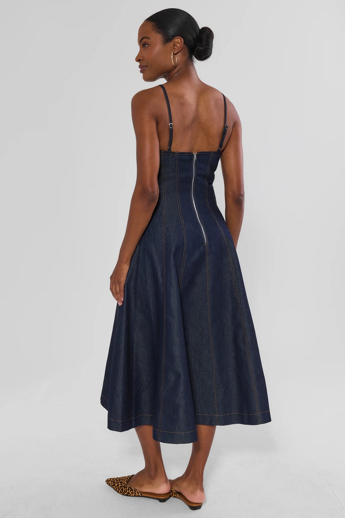 Dark Denim Midi Dress - Back View, Center Zip Closure & Full A-Line Skirt | Avara