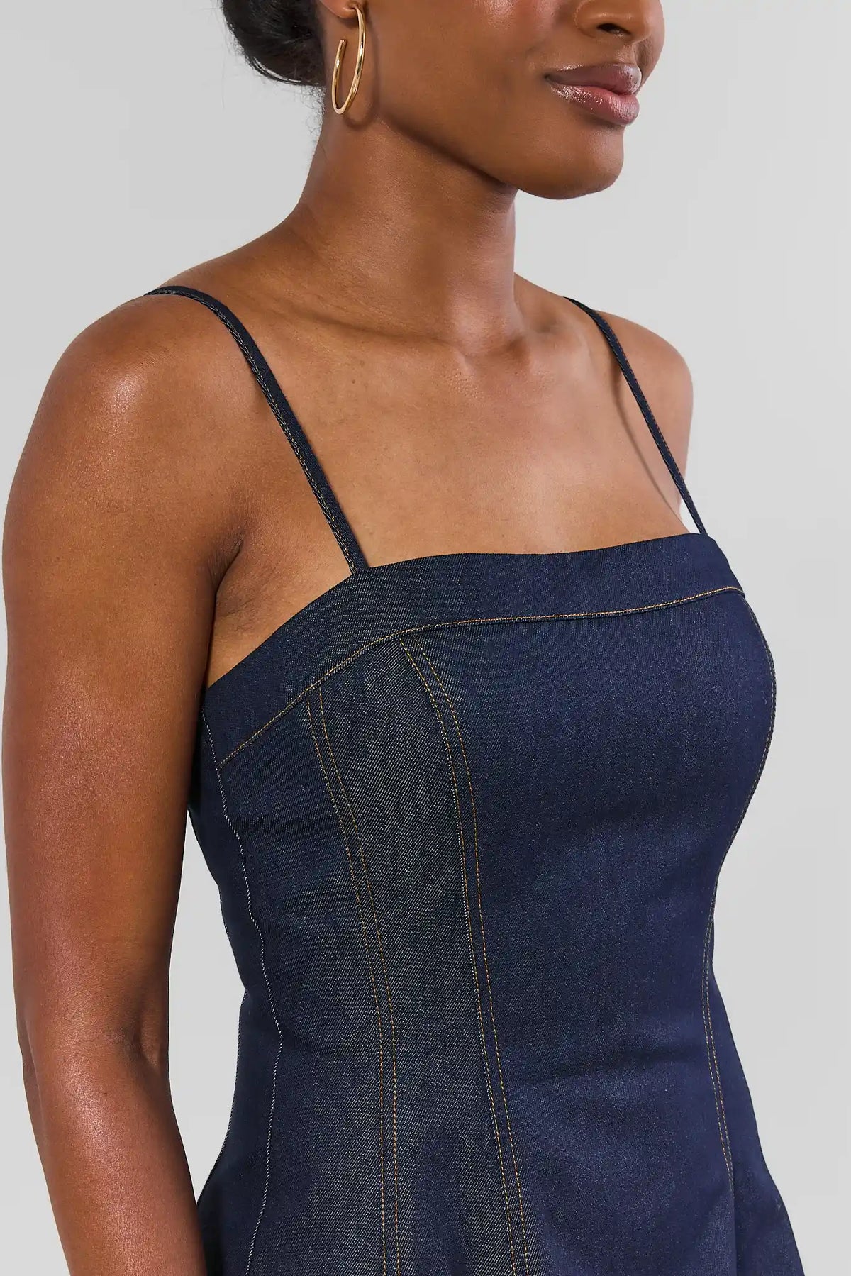 Dark Denim Midi Dress - Square Neckline, Contrast Topstitching & Fitted Bodice Close-Up | Avara