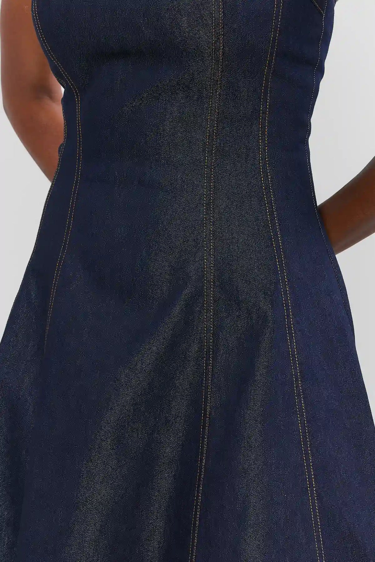 Dark Denim Midi Dress - Waist & Flared Skirt Detail, Contrast Topstitching Close-Up | Avara
