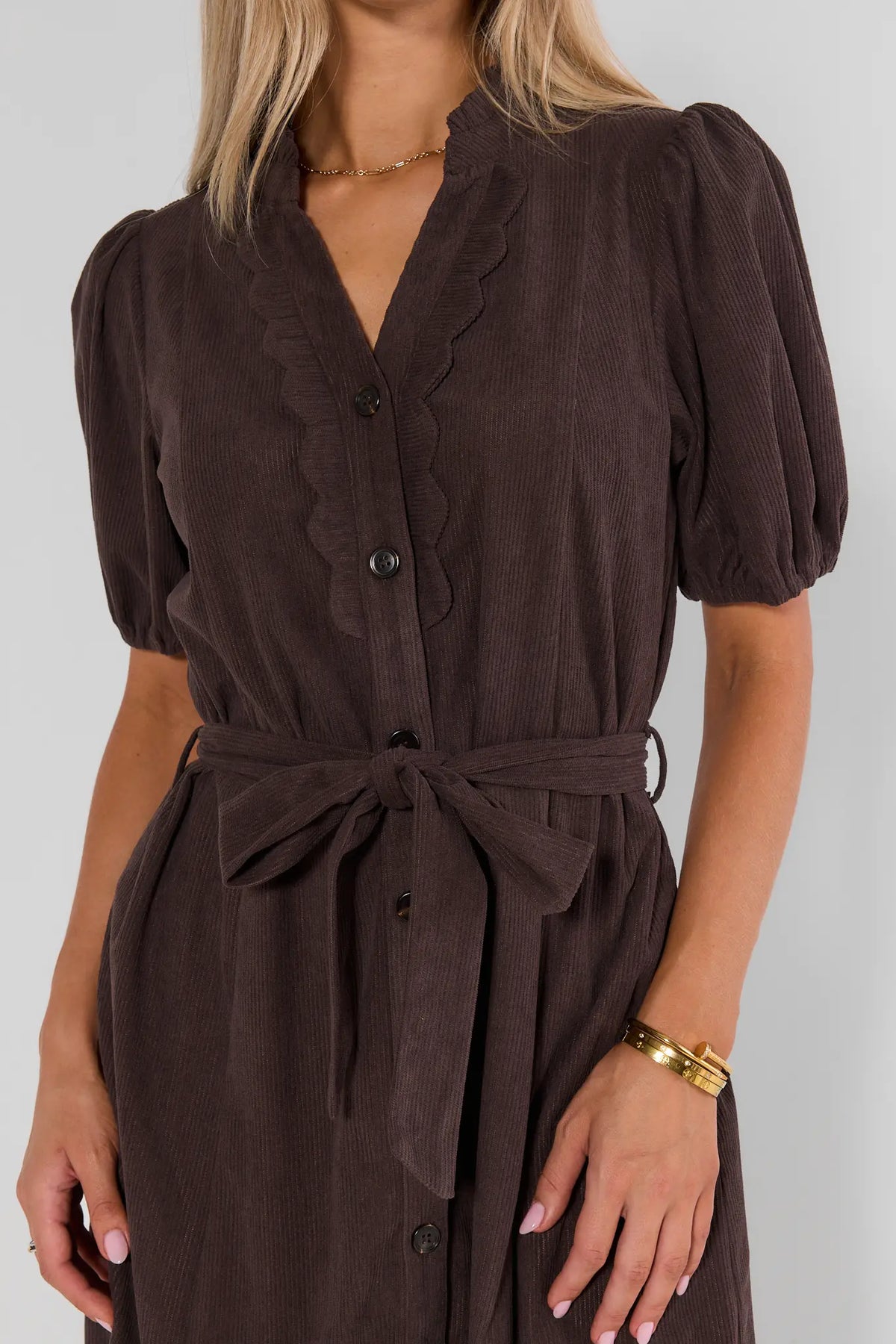 Brown Corduroy Button-Up Short Dress - Close-Up Ruffle Neckline & Tie Waist Detail | Avara