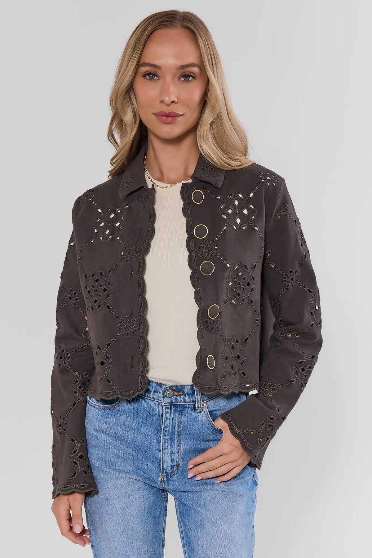 Stone Cotton Eyelet Jacket - Front View On Model with Denim | Avara