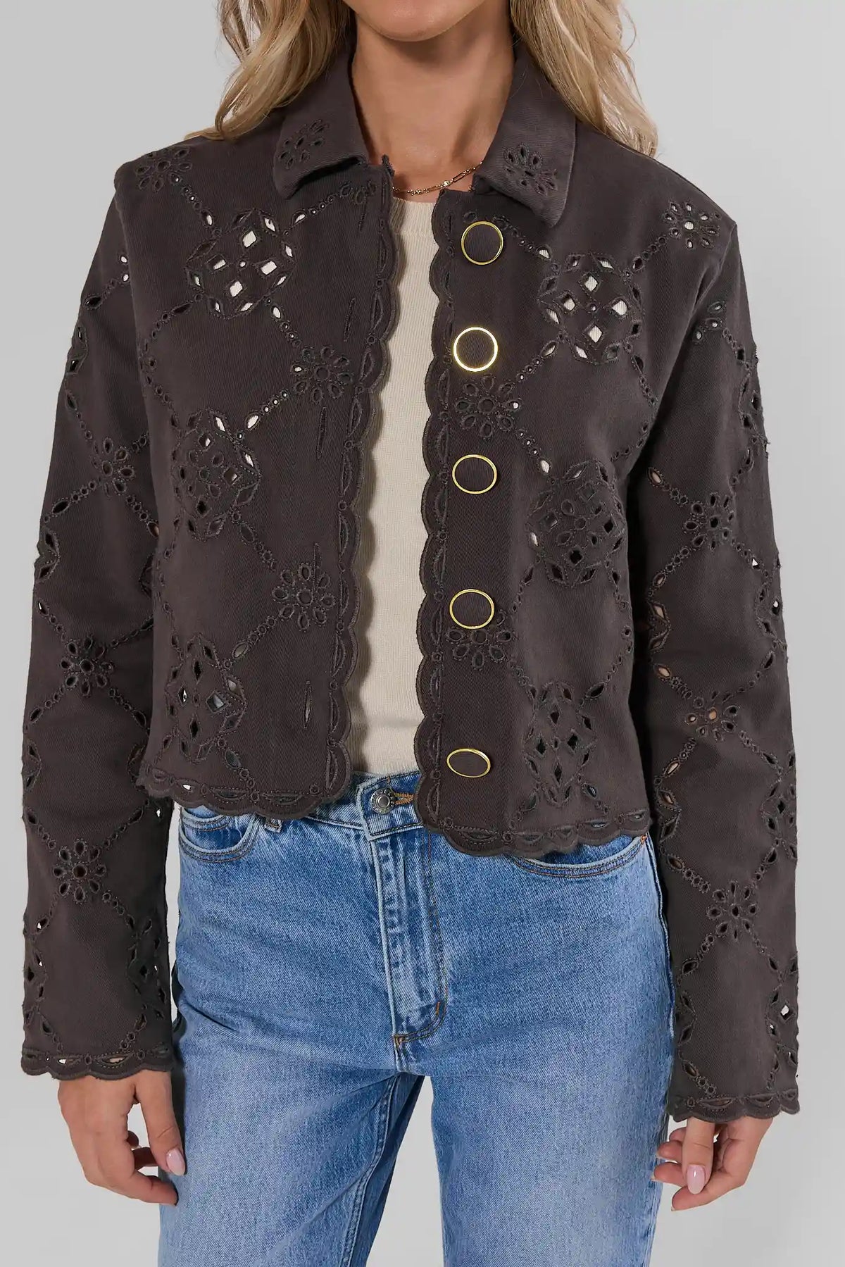 Stone Eyelet Cotton Jacket Close-Up Detail - Gold Button Front | Avara