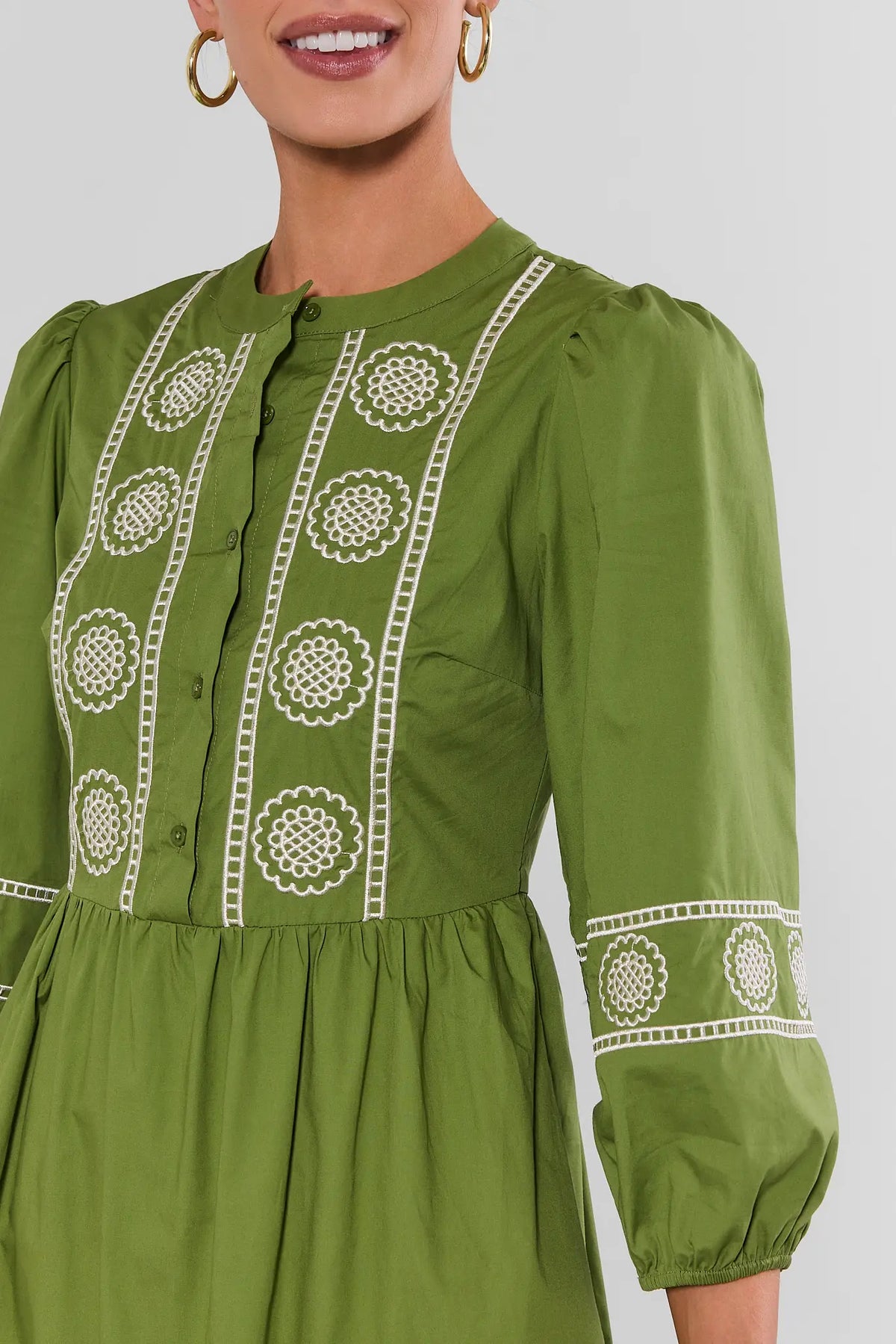 Green Embroidered Midi Dress - Bodice & Sleeve Embroidery Close-Up | Avara