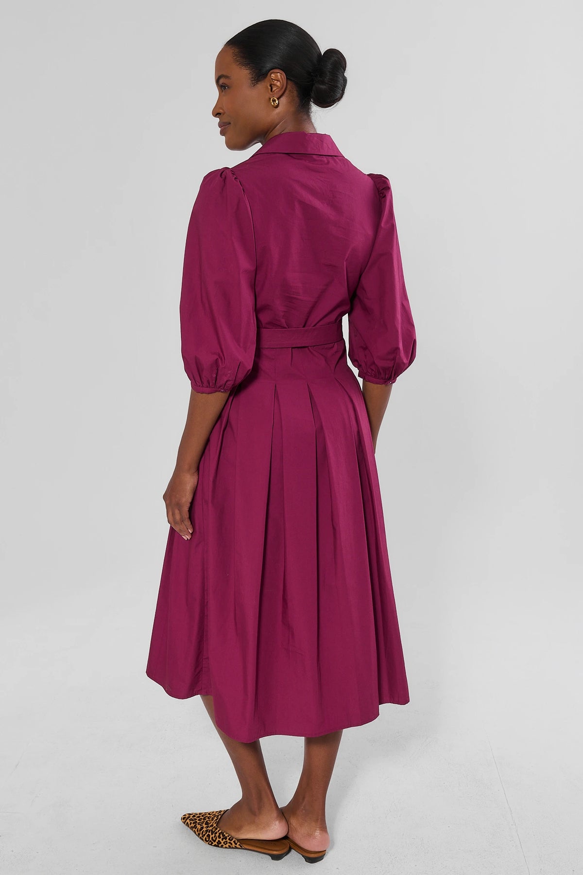 Plum Cotton Pleated Midi Dress - On Model Back View with Puff Sleeves | Avara