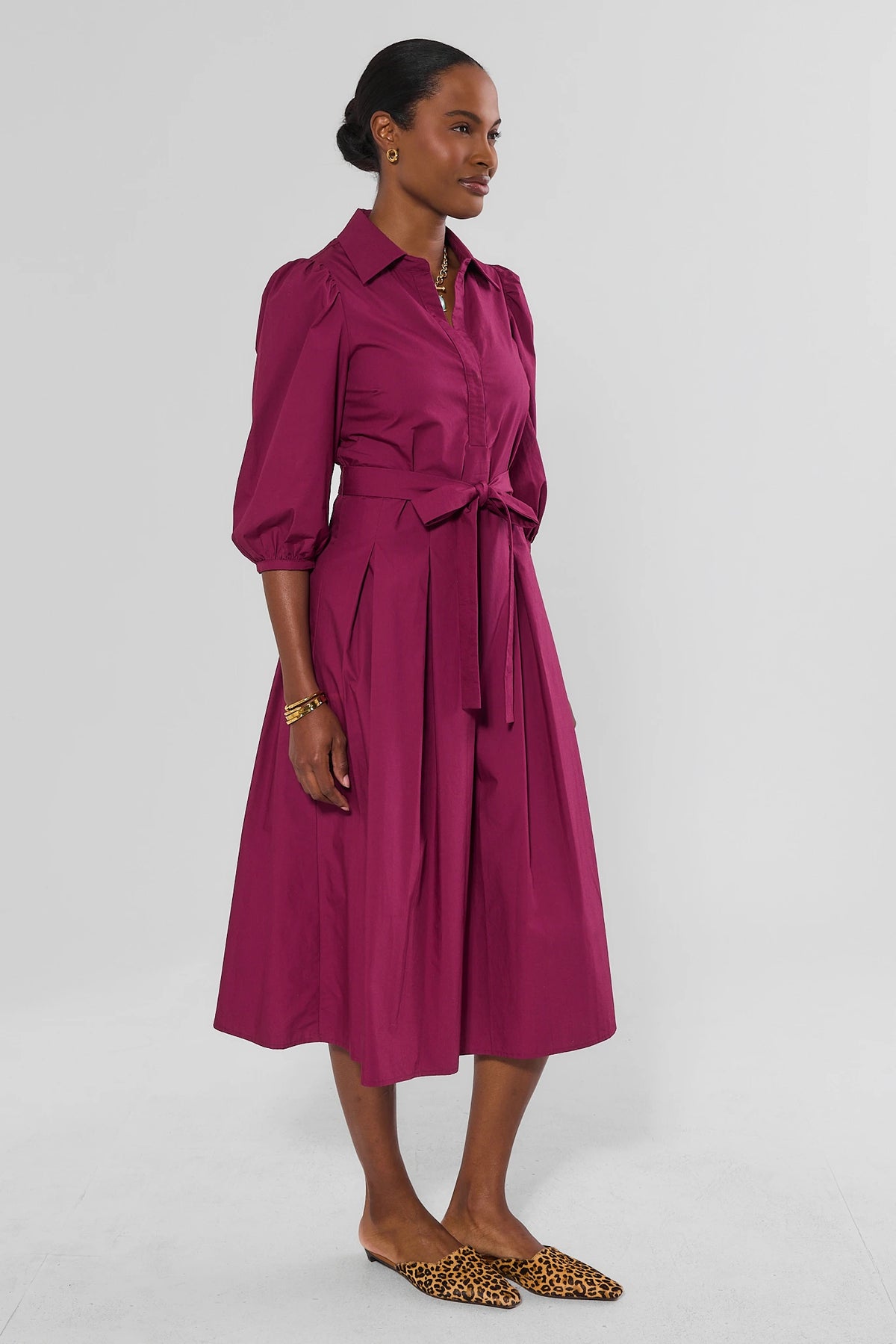 Plum Pleated Midi Dress with Tie Waist - On Model Side Profile View | Avara