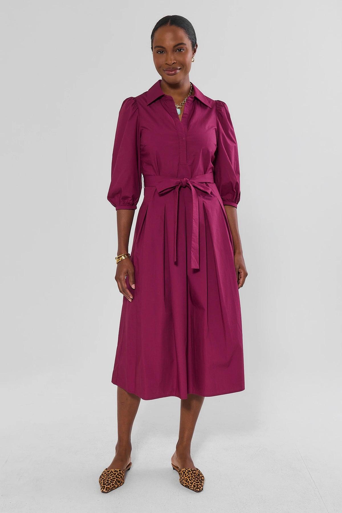 Plum Cotton Pleated Midi Dress - On Model Front View Full Length | Avara