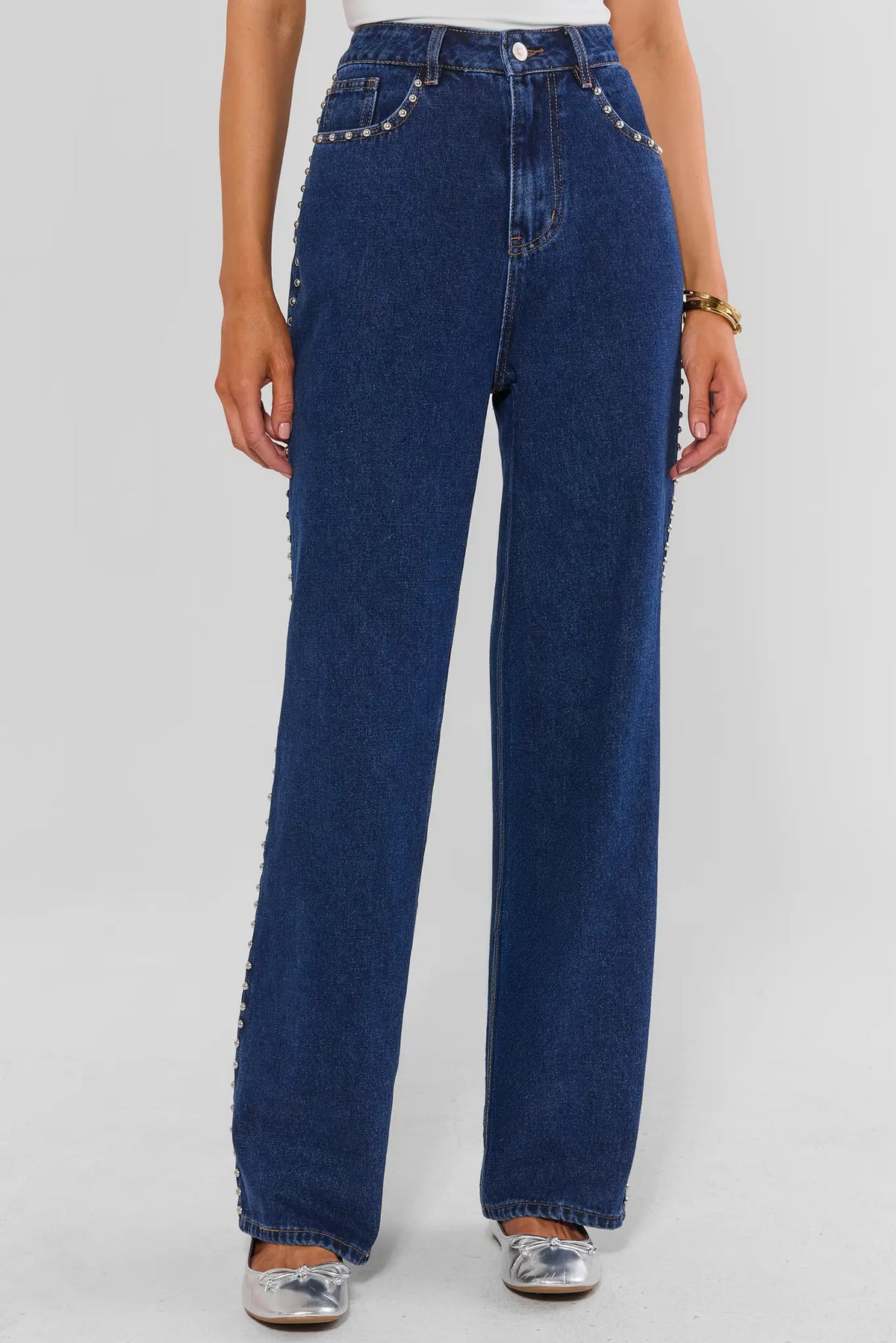 Adrian Dark Wash Studded Straight Jeans - Front View On Model, Silver Stud Side Trim | Avara