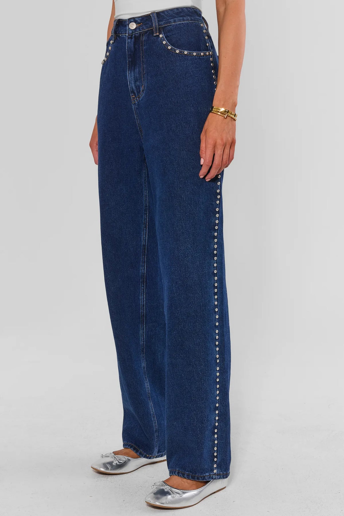 Adrian Dark Wash Studded Straight Jeans - Side View Showing Full Silver Stud Seam Trim | Avara