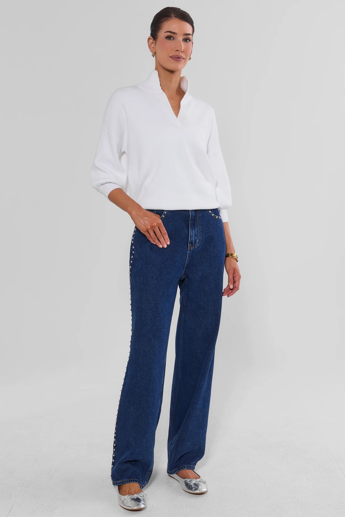Adrian Dark Wash Studded Straight Jeans - Full Length Styled Look with White Top On Model | Avara