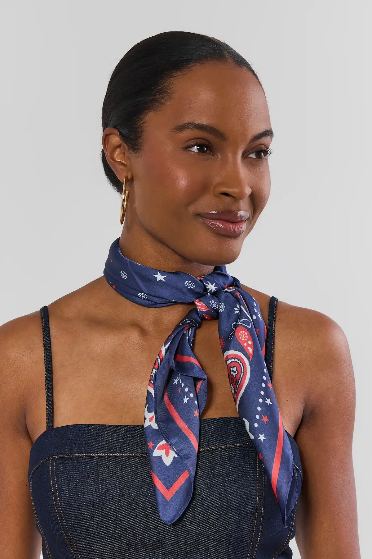 Navy Bandana Scarf Tied at Neck On Model with Denim Top - Styled Look | Avara