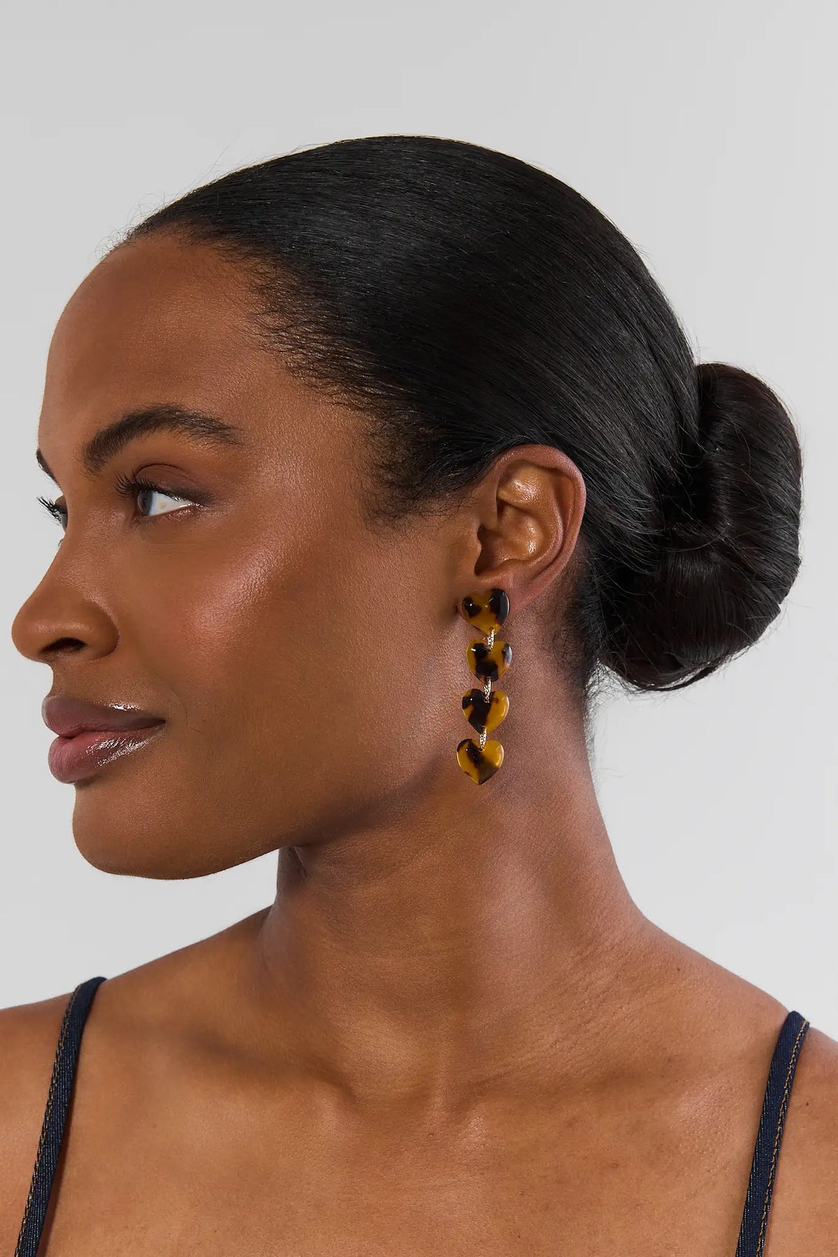Brown Tortoise Heart Drop Earrings - On Model Side Profile | Avara