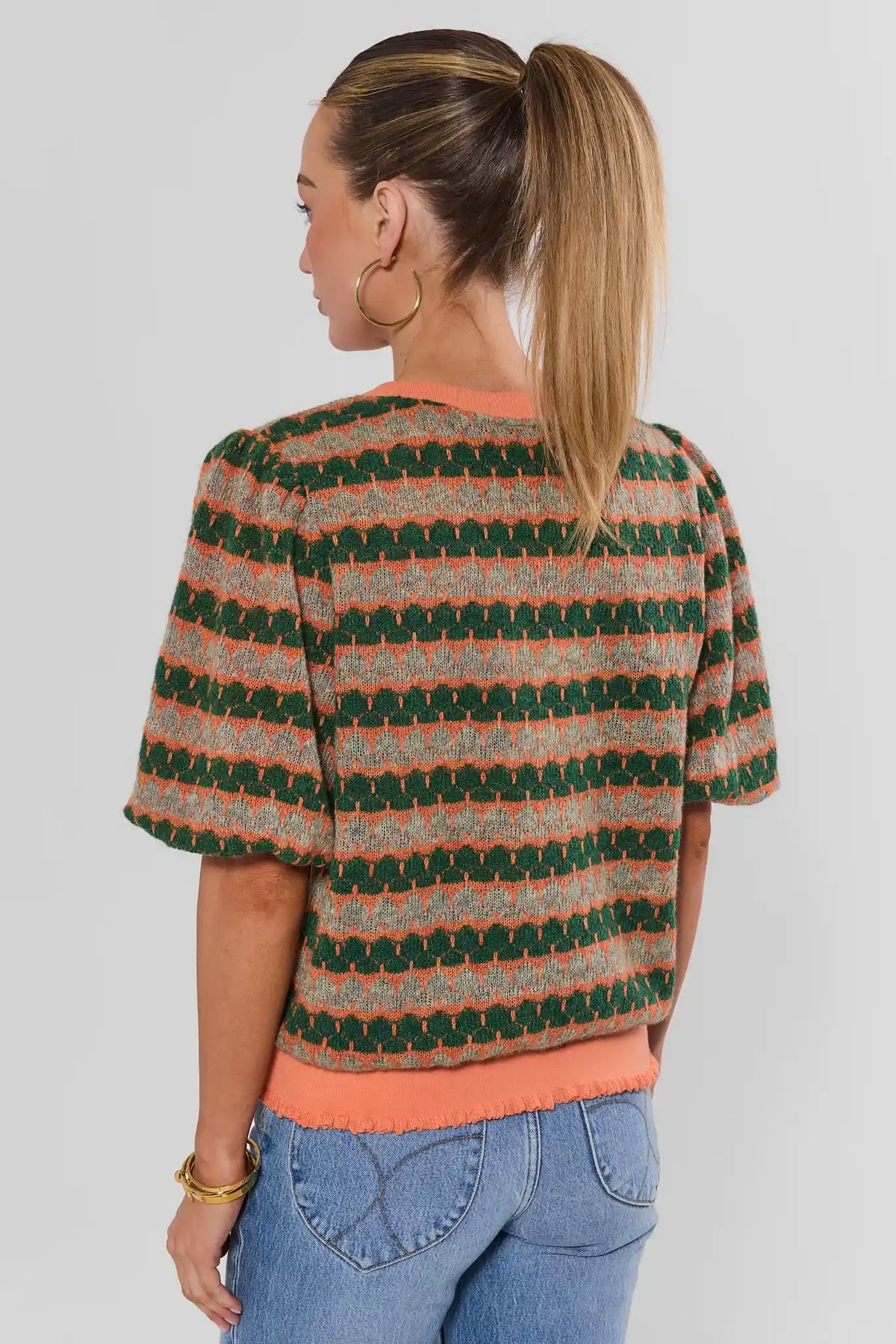 Orange Printed Knit Top - Back View, Short Puff Sleeve & Orange Trim Detail | Avara