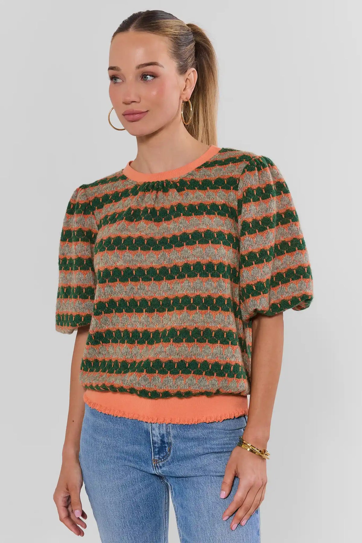 Orange Printed Knit Top - Front View, Puff Sleeve with Green Stripe Pattern | Avara