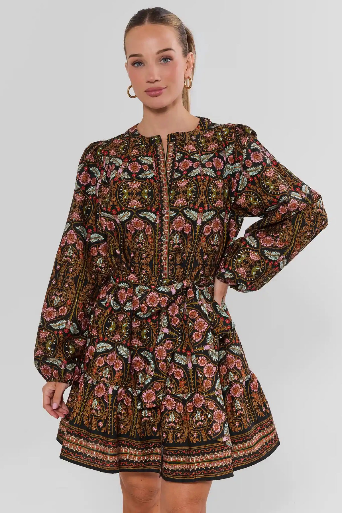 Black Multi Printed Long Sleeve Short Dress - On Model Front | Avara