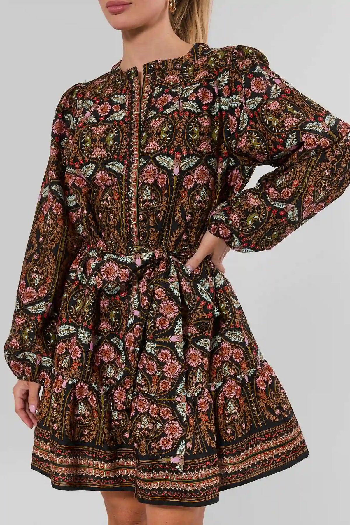 Black Floral Print Cotton Short Dress - Close-Up Front Detail | Avara