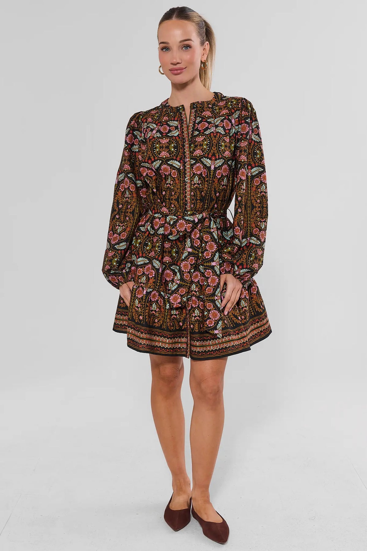 Black Multi Printed Short Dress - Full Length Front View | Avara