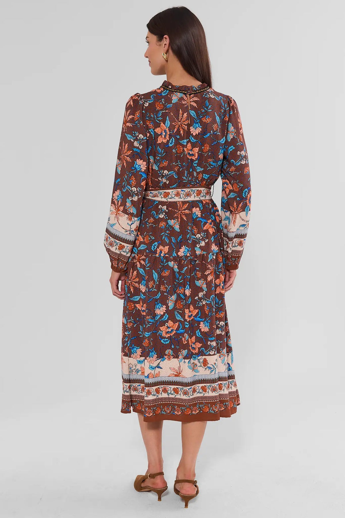 Brown Floral Printed Midi Dress - Back View Showing Border Hem | Avara