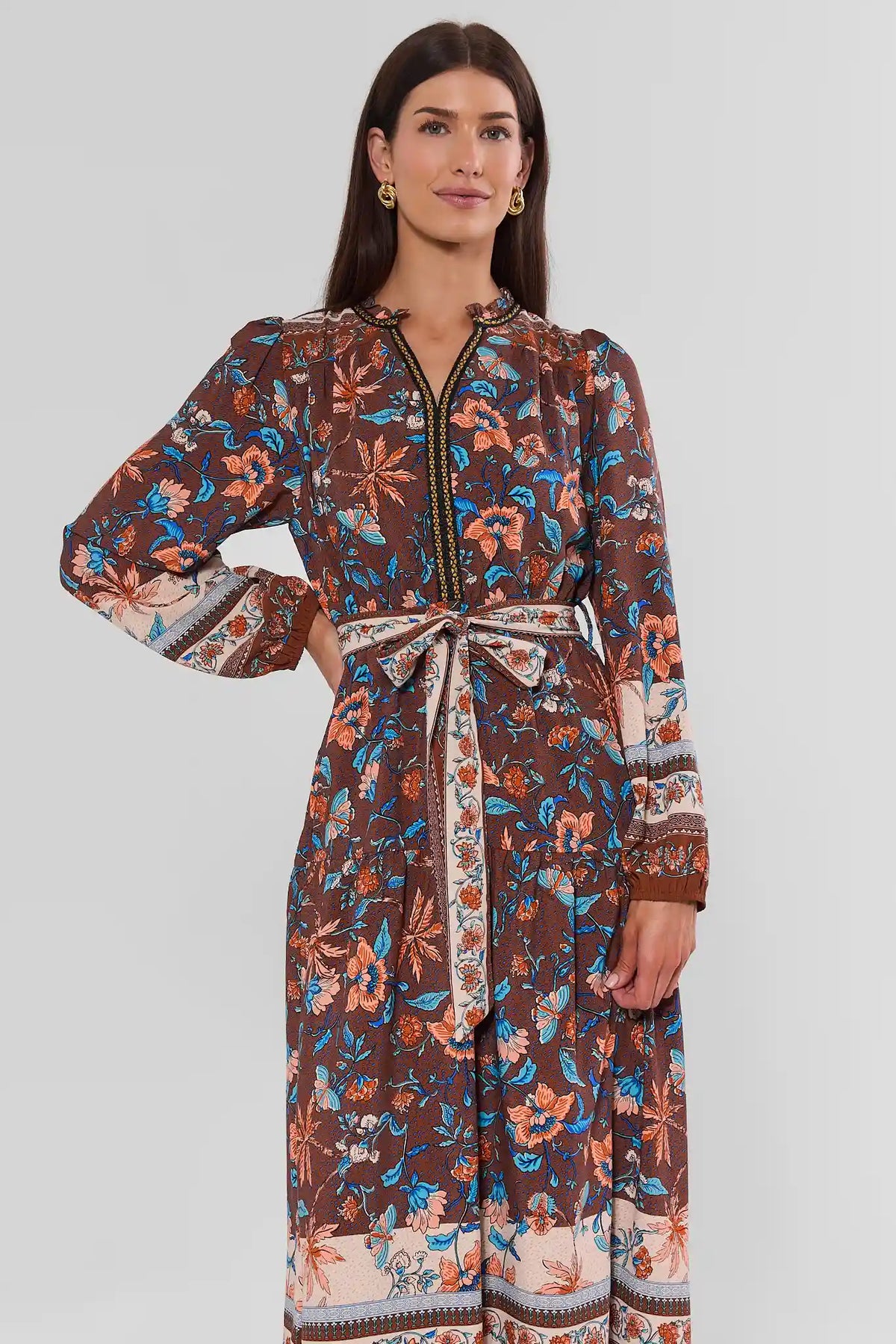 Brown Floral Multi Printed Midi Dress - Front Three-Quarter View | Avara
