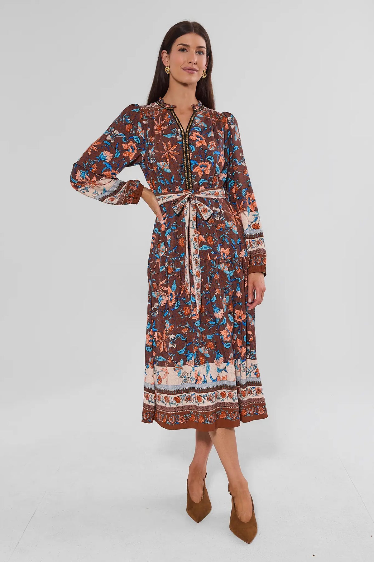 Brown Multi Printed Midi Dress - Full Front View On Model | Avara