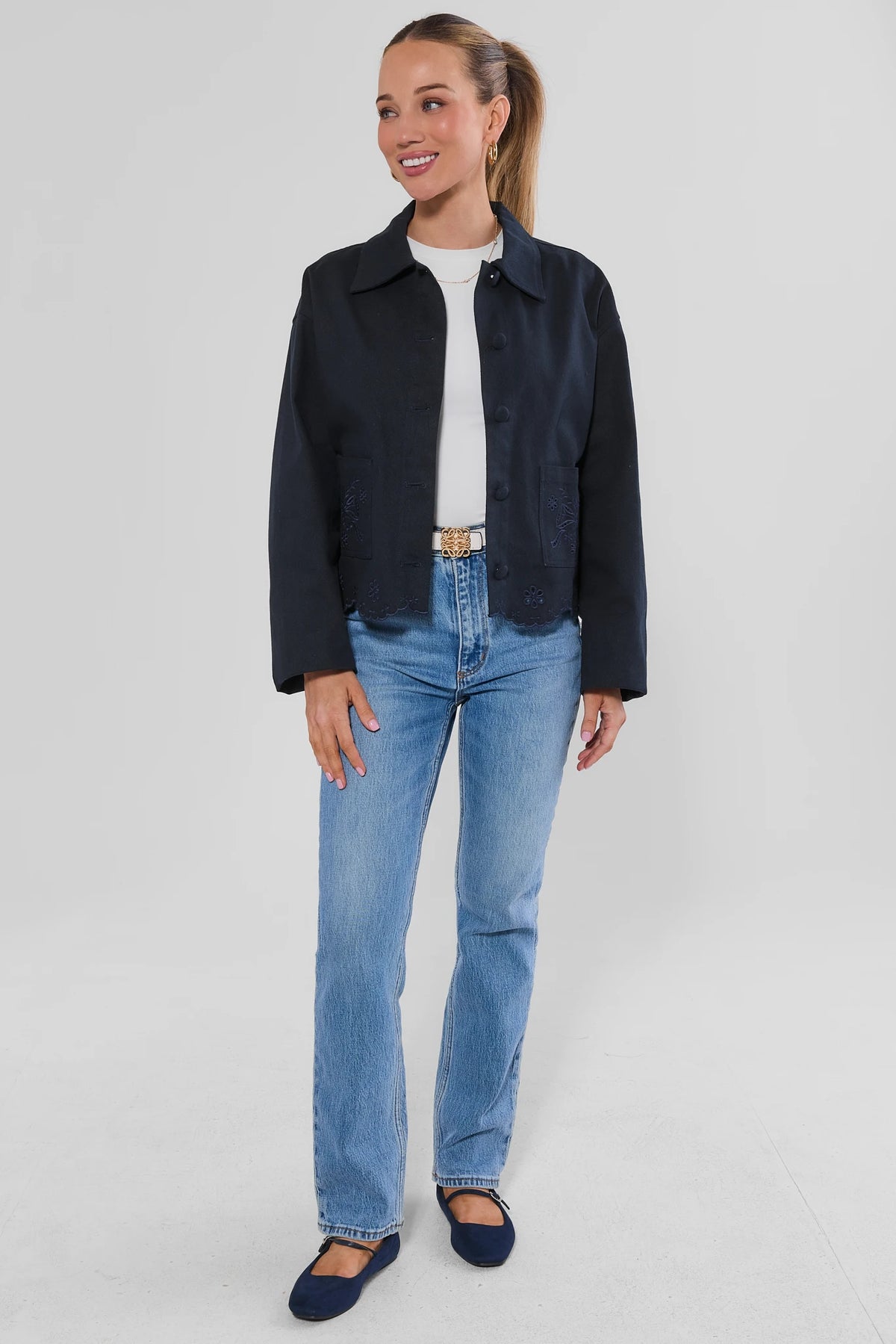 Navy Eyelet Scalloped Hem Jacket - Full Length Styled Look with Jeans | Avara