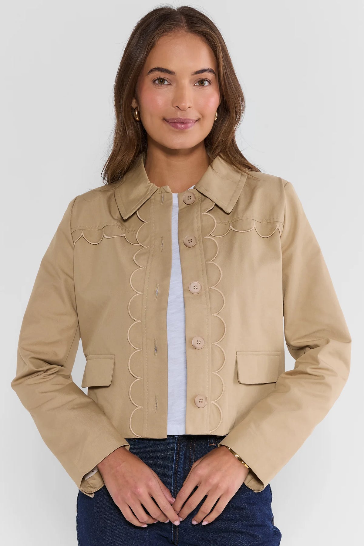 Tan Scalloped Detail Jacket - Front View On Model | Avara