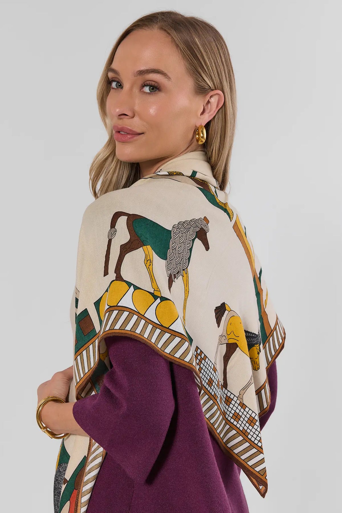 Tan Multi Horse Print Cashmere Blend Wrap - On Model Side View, Draped Over Shoulders | Avara