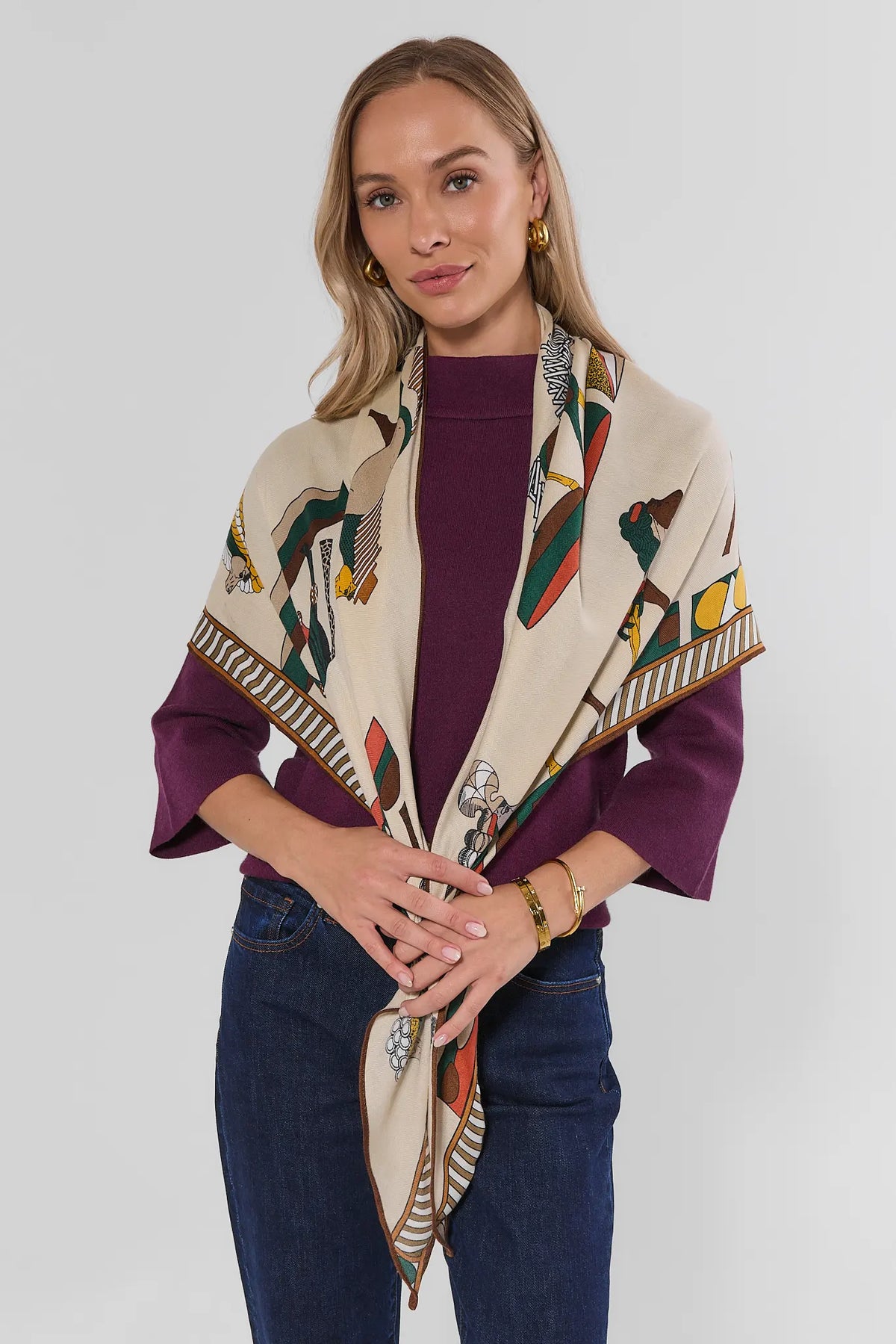 Tan Multi Horse Print Cashmere Blend Wrap - On Model Front View, Styled as Scarf | Avara