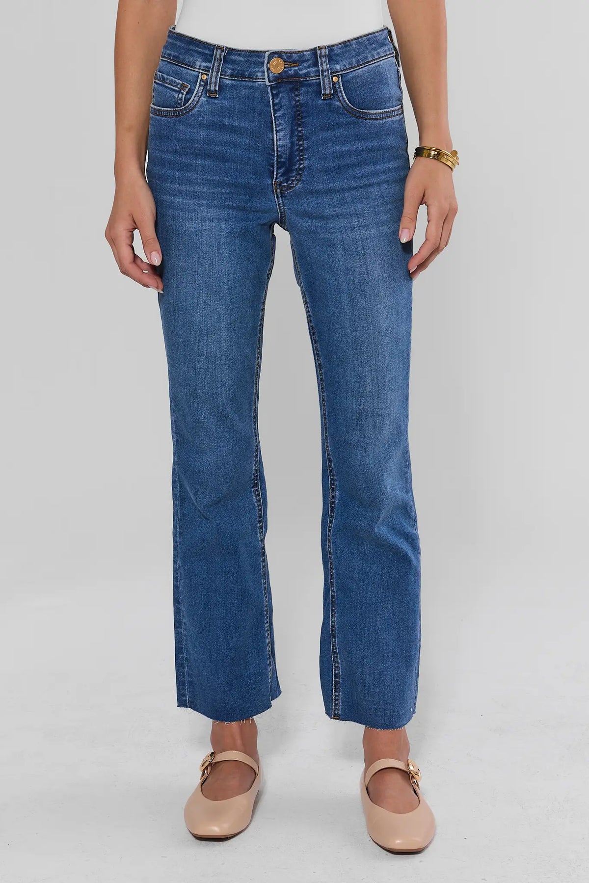 Medium Wash Denim Kick Flare Jeans - Front View, On Model | Avara