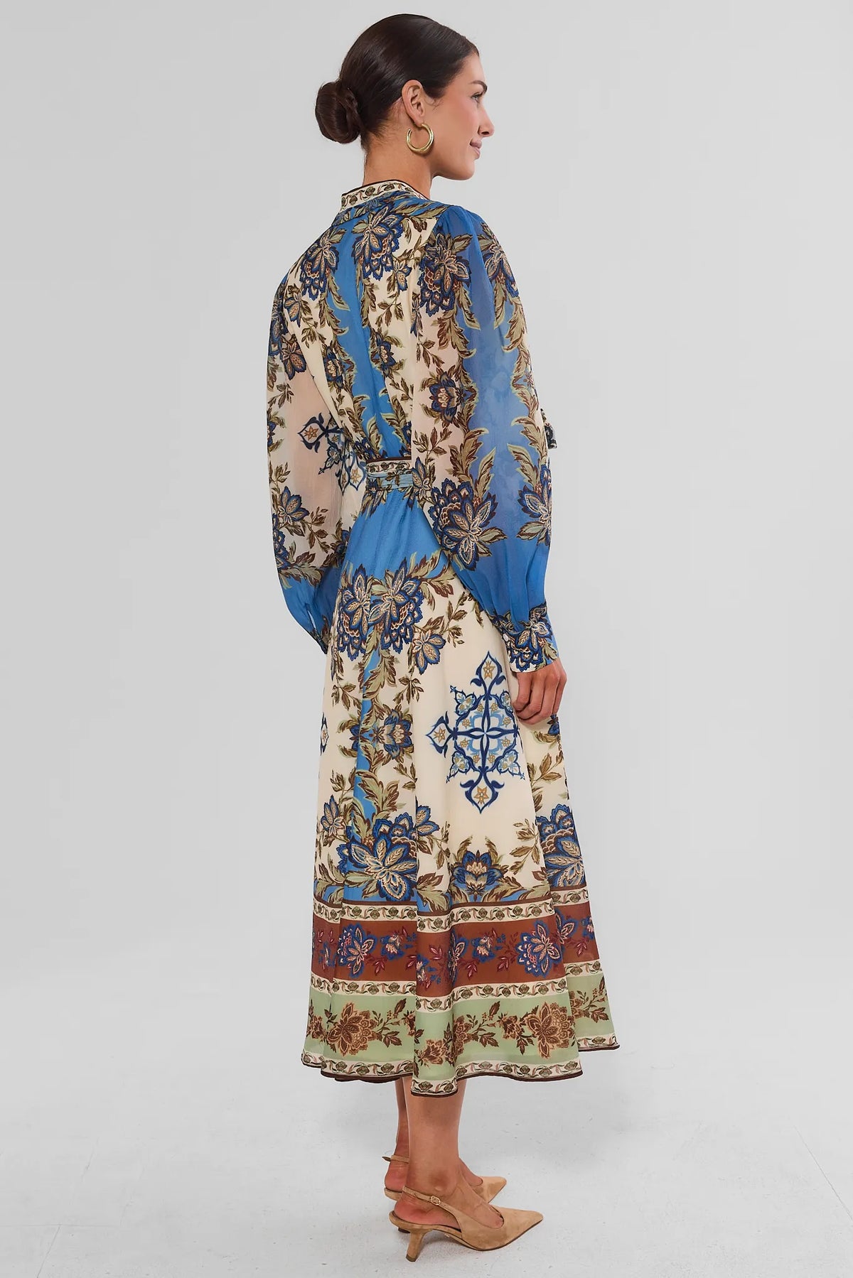 Blue Cream Floral Multi Border Print Modest Midi Dress - Back View Full Length On Model | Avara