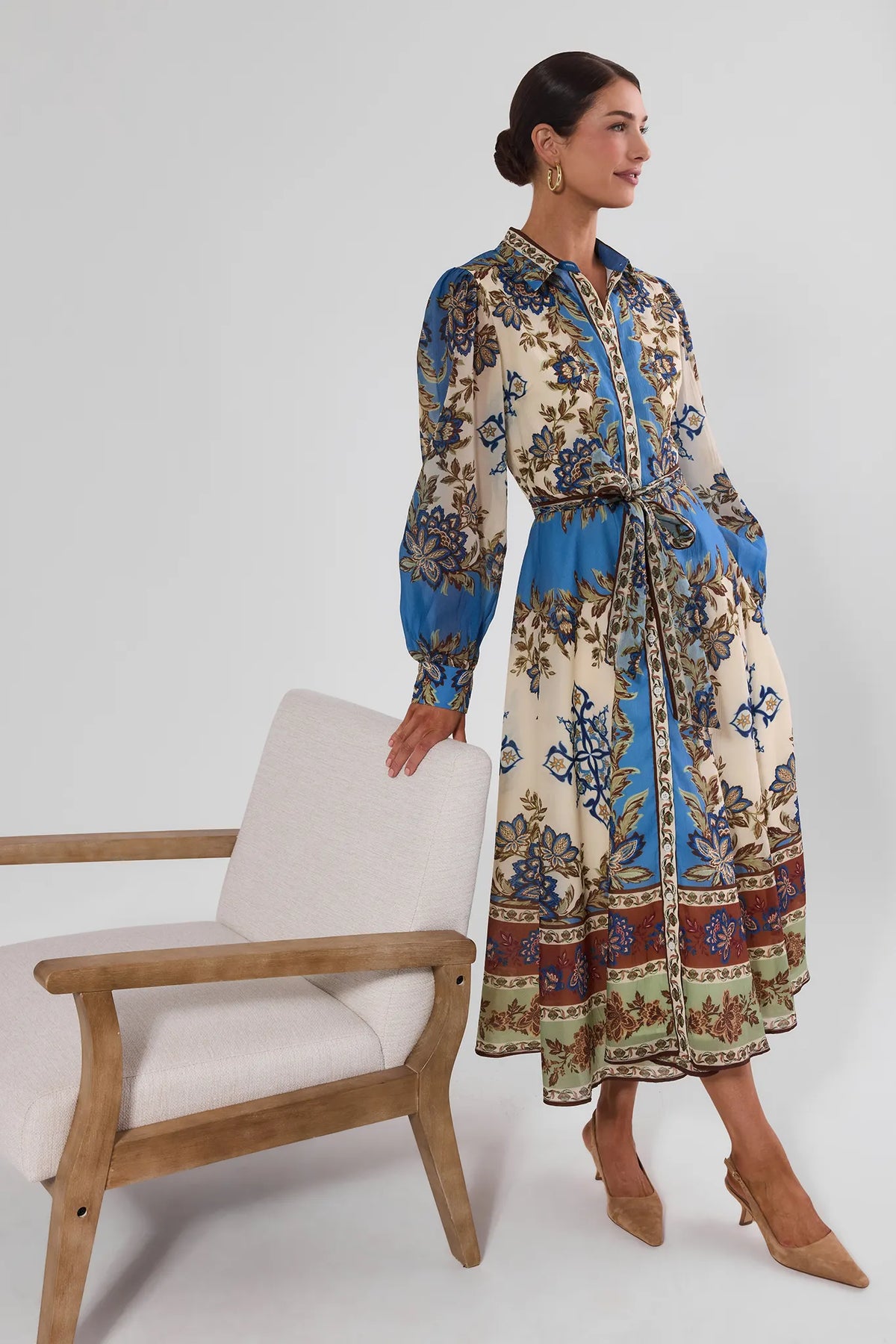 Blue Cream Floral Border Print Button-Up Modest Midi Dress - Front View On Model | Avara