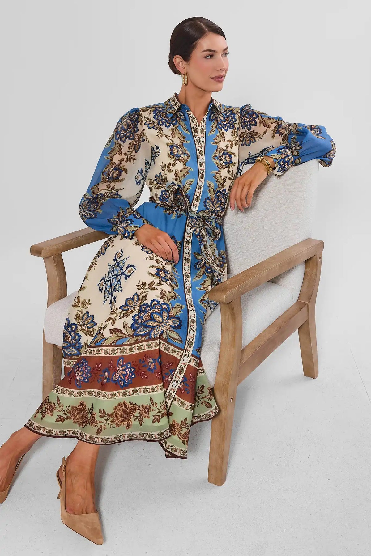 Blue Cream Floral Border Print Button-Up Modest Midi Dress - Seated Side View On Model | Avara