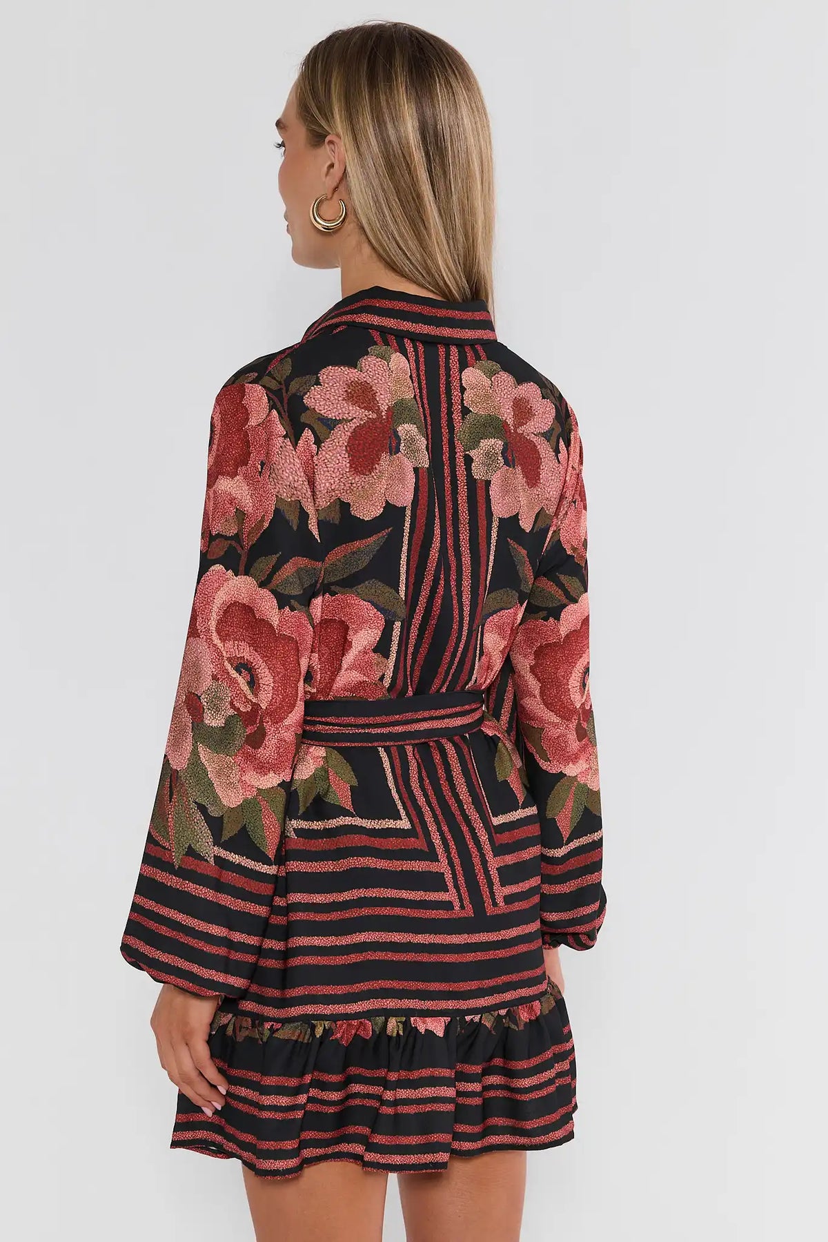 Black Floral Print Short Dress - Back View, Long Sleeve & Ruffle Hem | Avara