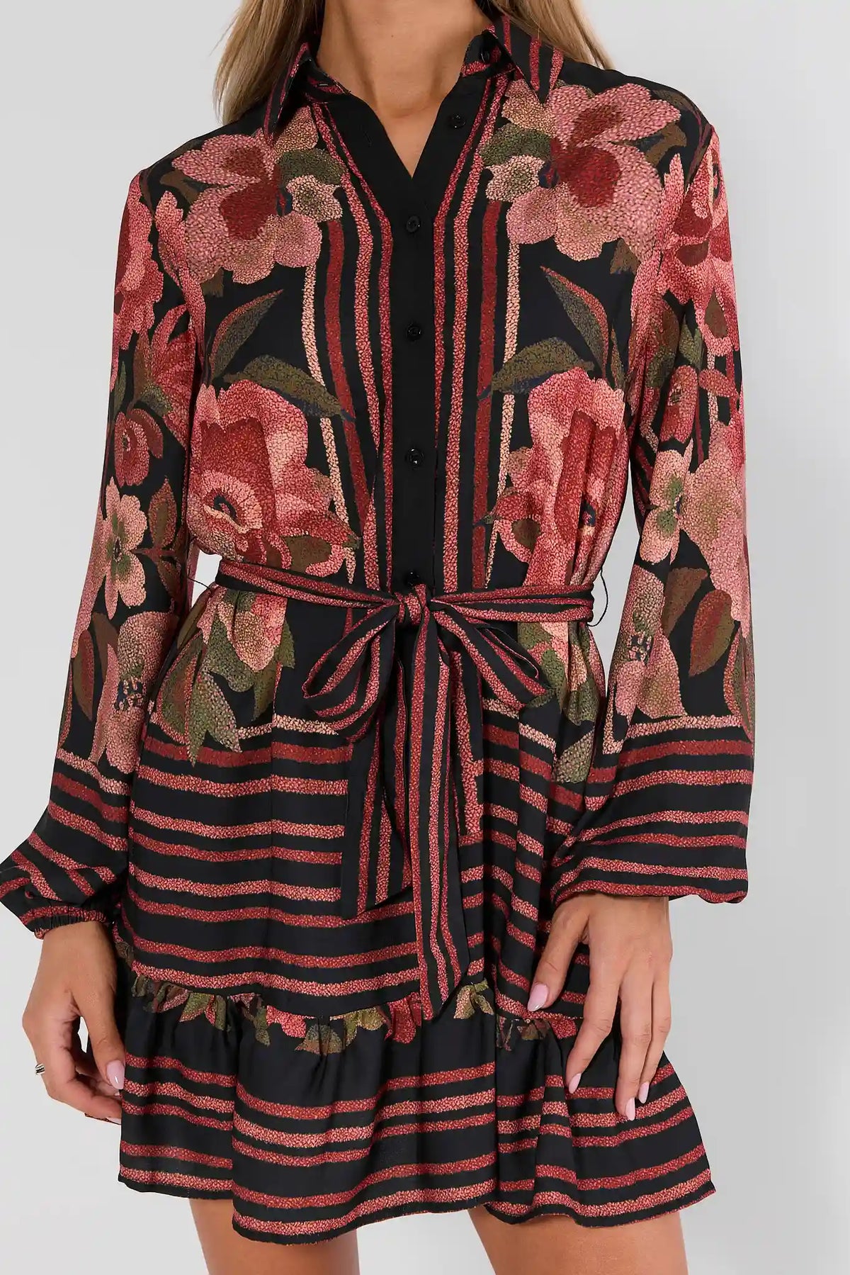 Black Floral Print Short Dress - Tie Waist & Ruffle Hem Detail | Avara