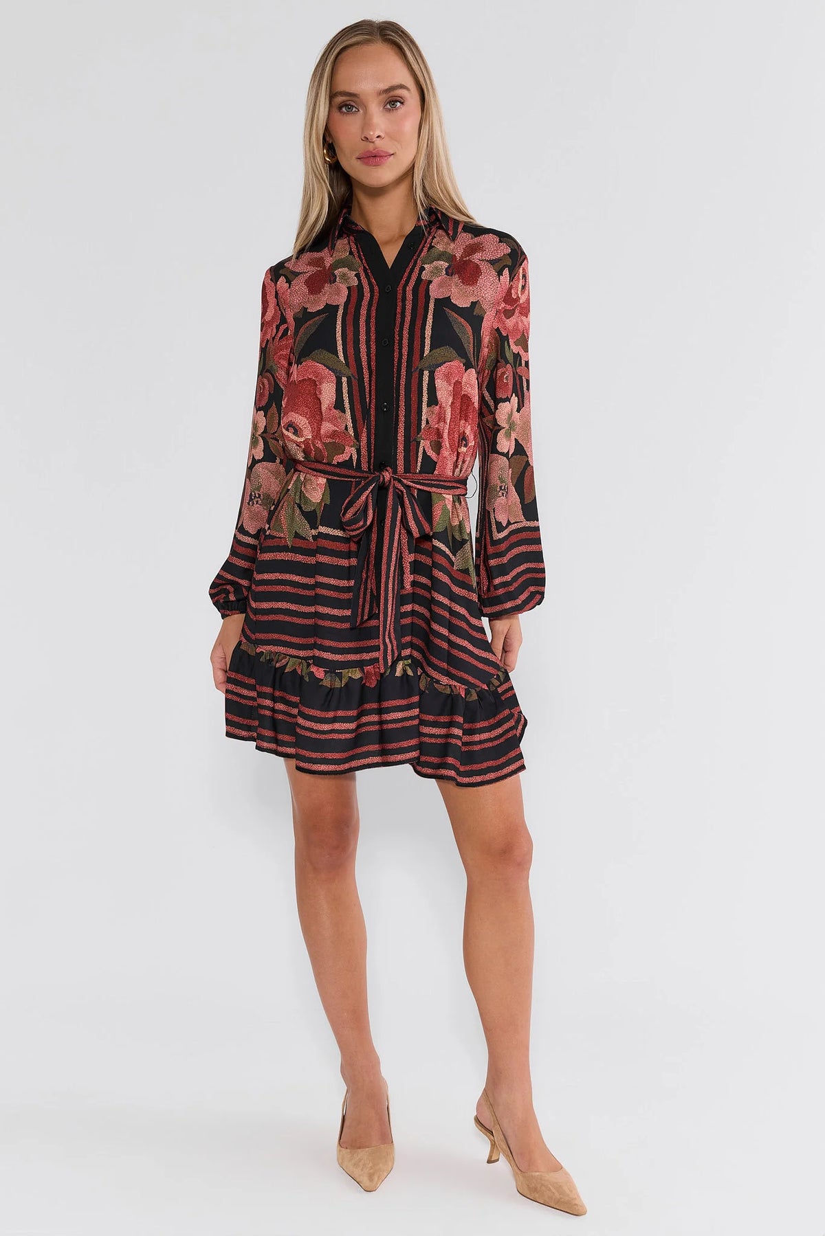 Black Floral Printed Collared Short Dress - Full Length Front On Model | Avara