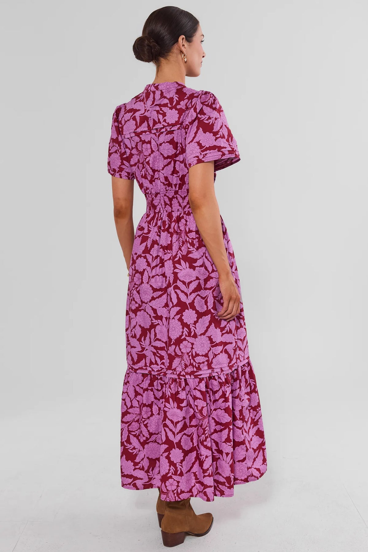 Burgundy Floral Cotton Maxi Dress - Back View, Tiered Skirt & Short Sleeves | Avara