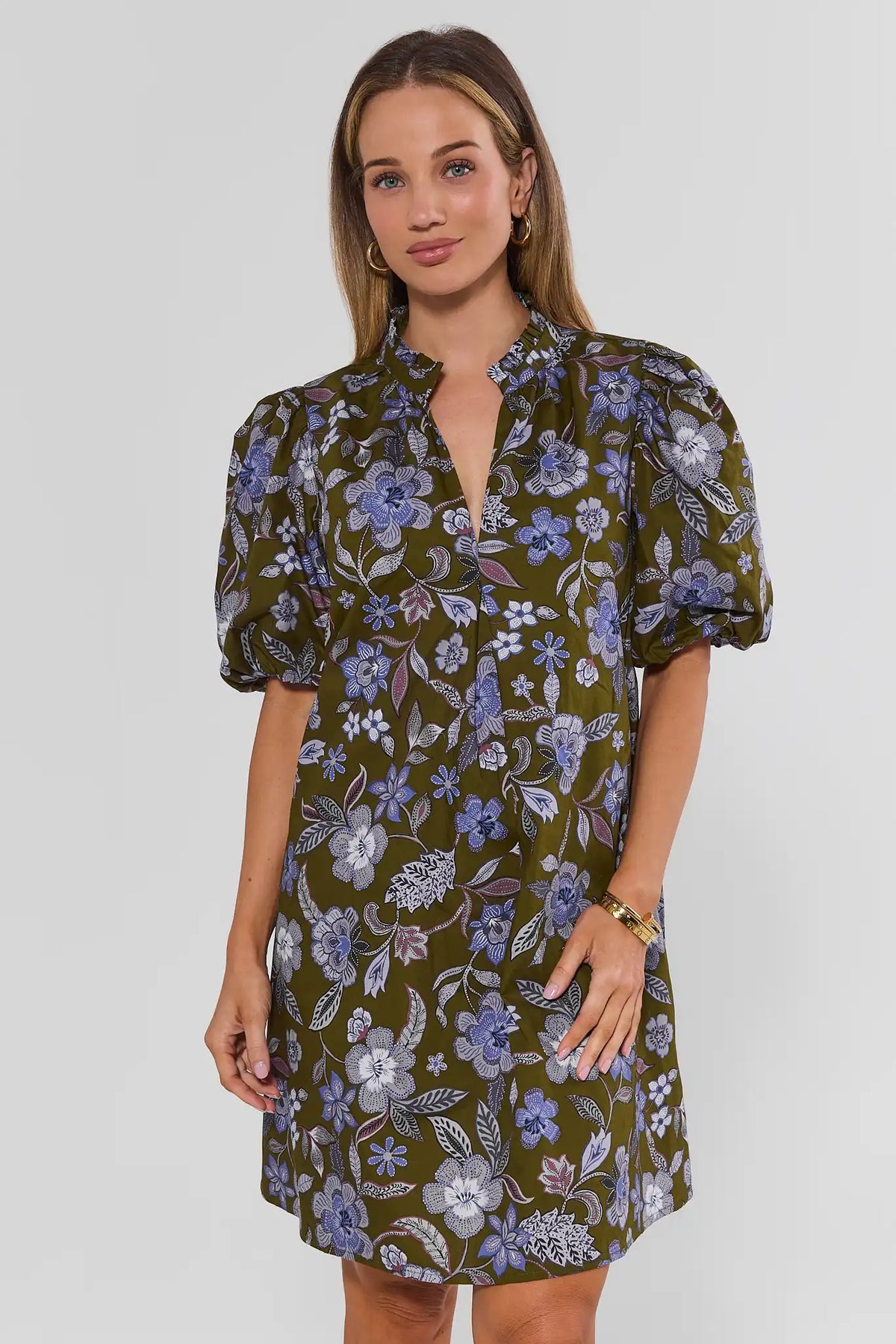 Olive Floral Print Short Dress, Puff Sleeve - Front View On Model | Avara