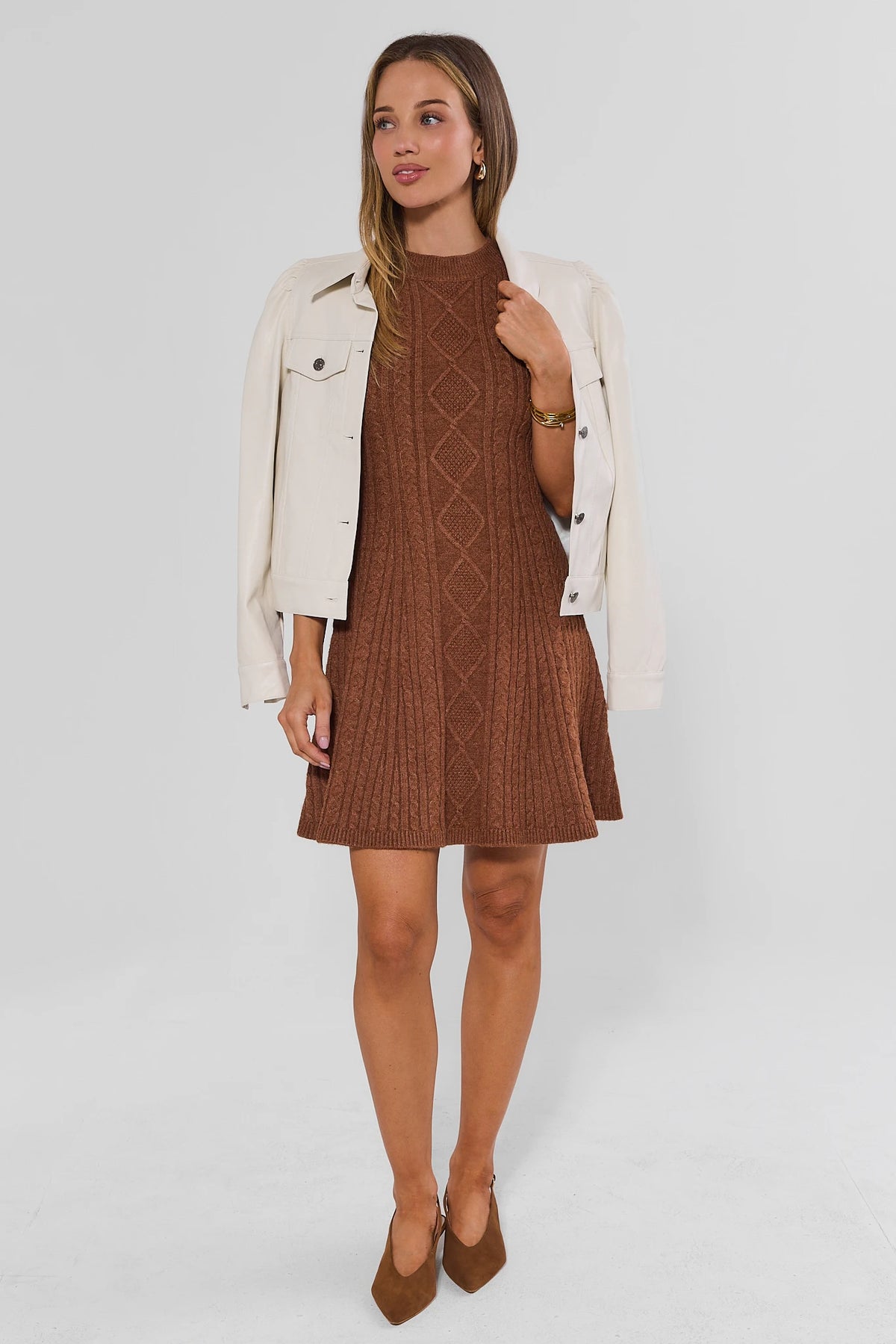 Brown Cable Knit Short Sweater Dress - Styled Look with White Jacket & Kitten Heels | Avara