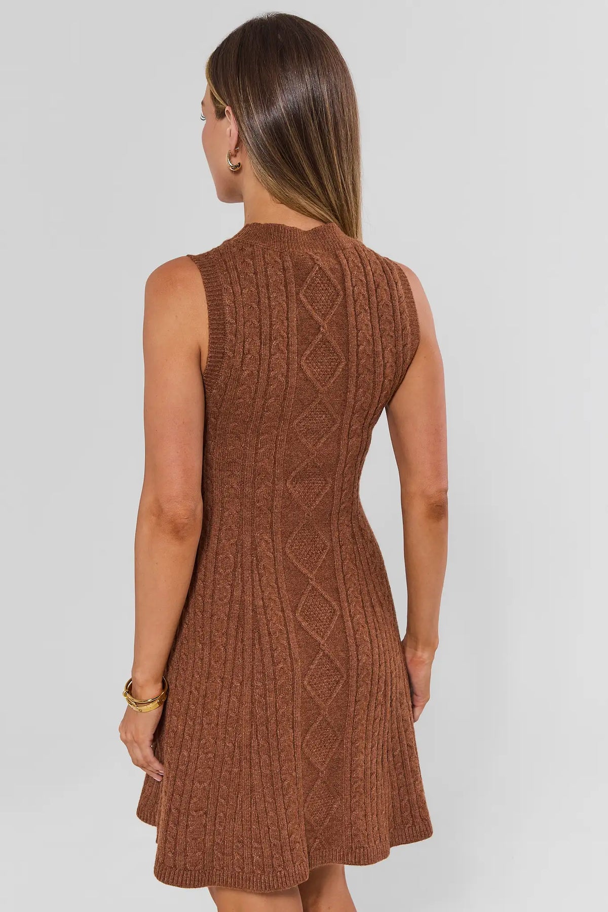Brown Cable Knit Short Sweater Dress - Back View, A-Line Silhouette | Avara